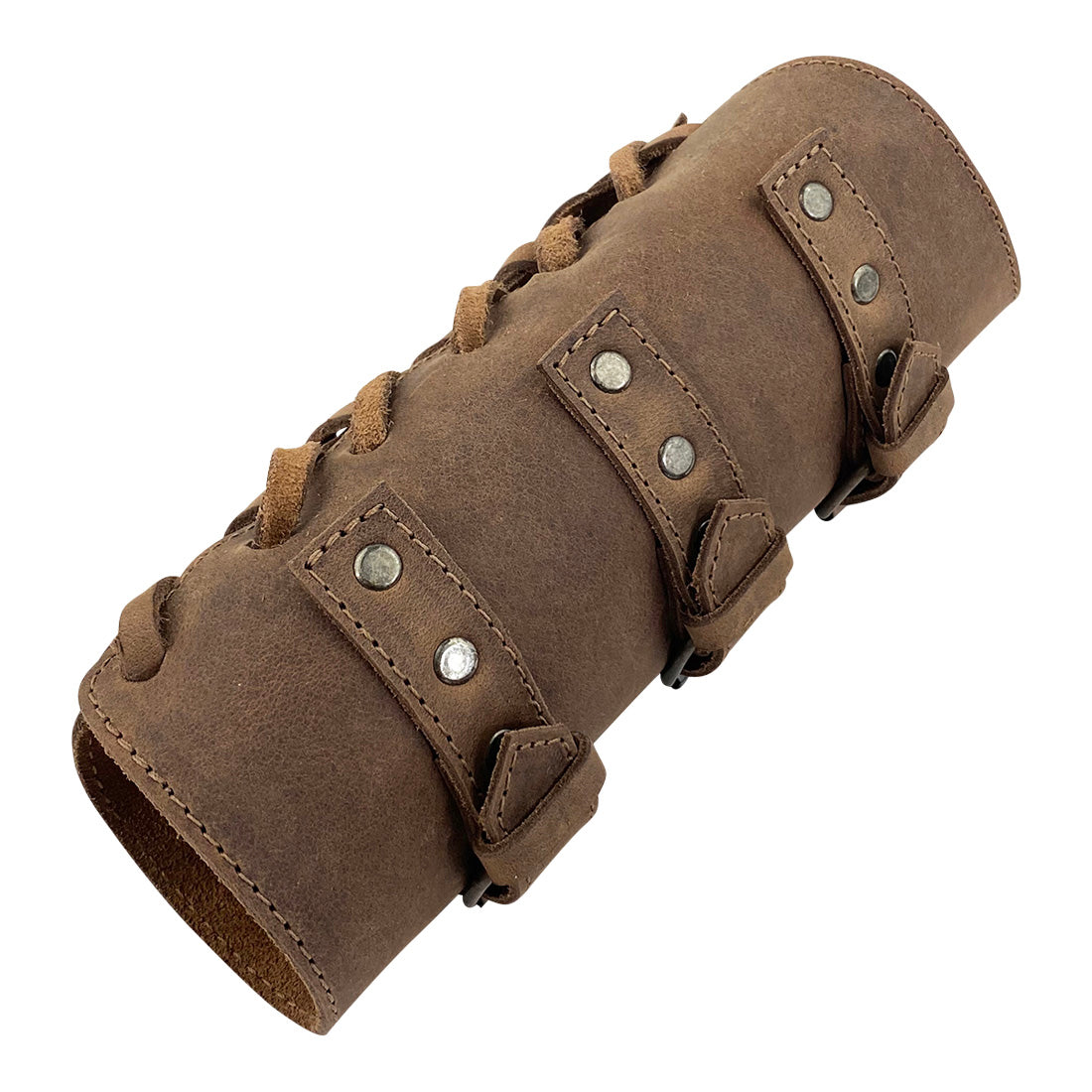 Close-up of Valhalla Gear Set of 2 Archery Buckle Bracer showcasing intricate design and adjustable buckle straps. These wrist guards, crafted from full grain leather, are ideal for bow shooting practice and reflect a commitment to artisan, handmade production in La Antigua Guatemala & Oaxaca Mexico.