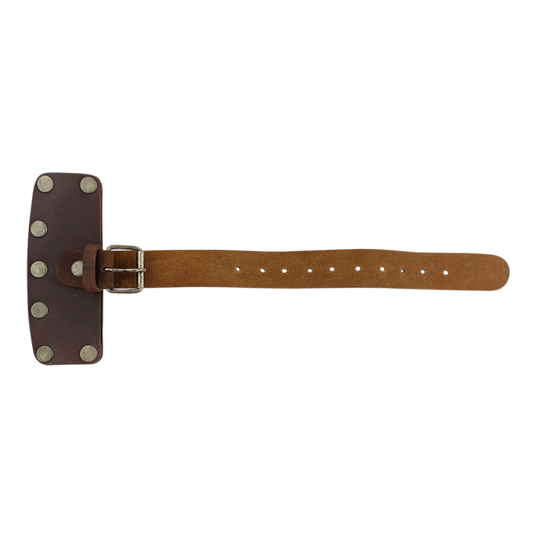 Lumberjack Axe Head Sheath by Valhalla Gear, showcasing the leather strap and button details. This Handmade from Full Grain Leather - Protector Case is designed for blade safety and makes an ideal camping accessory. Perfect for lumberjack work essentials, this Artisan product is carefully hand cut, hand sewn, and fire branded in La Antigua Guatemala & Oaxaca Mexico.