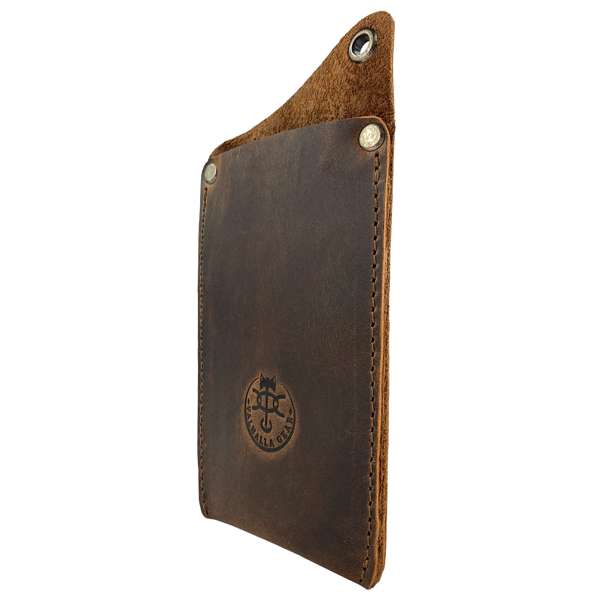 Side angle of the Valhalla Gear EDC Knife Sheath, featuring a full grain leather design. This rectangular knife sheath acts as a vertical holster for multitools, ideal for camping and outdoor accessories. Hand cut and hand sewn in La Antigua Guatemala, this artisan piece demonstrates quality small batch production.