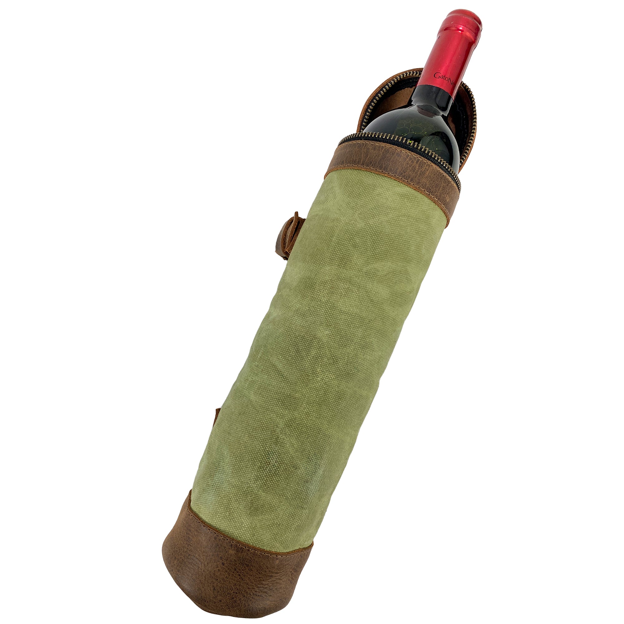 The Bicycle Tube from Hide & Drink displayed with a wine bottle inside, highlighting its practical design. This Zipper Commute Bag is ideal for bike enthusiasts who value artisan quality and full grain leather, handmade in La Antigua Guatemala and Oaxaca Mexico.