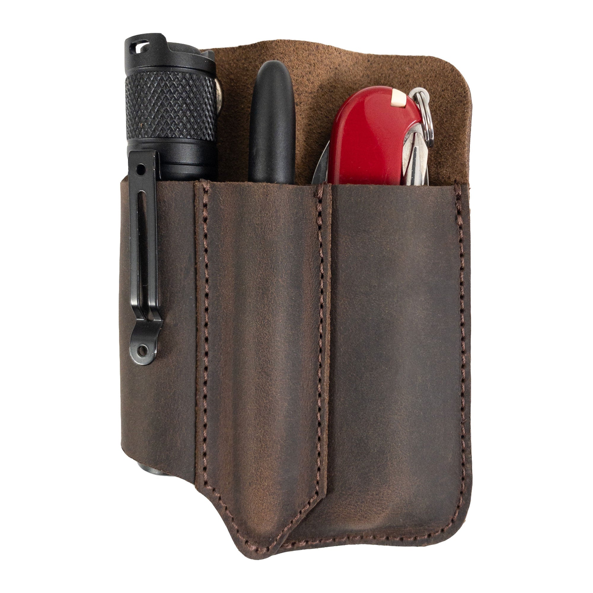 The Compact EDC Tool Holster by Valhalla Gear with tools inserted; demonstrating its functionality in holding essentials. This full grain leather pocket case is artisan crafted and fire branded, suited for those seeking a rustic sleeve for tools in their everyday carry.