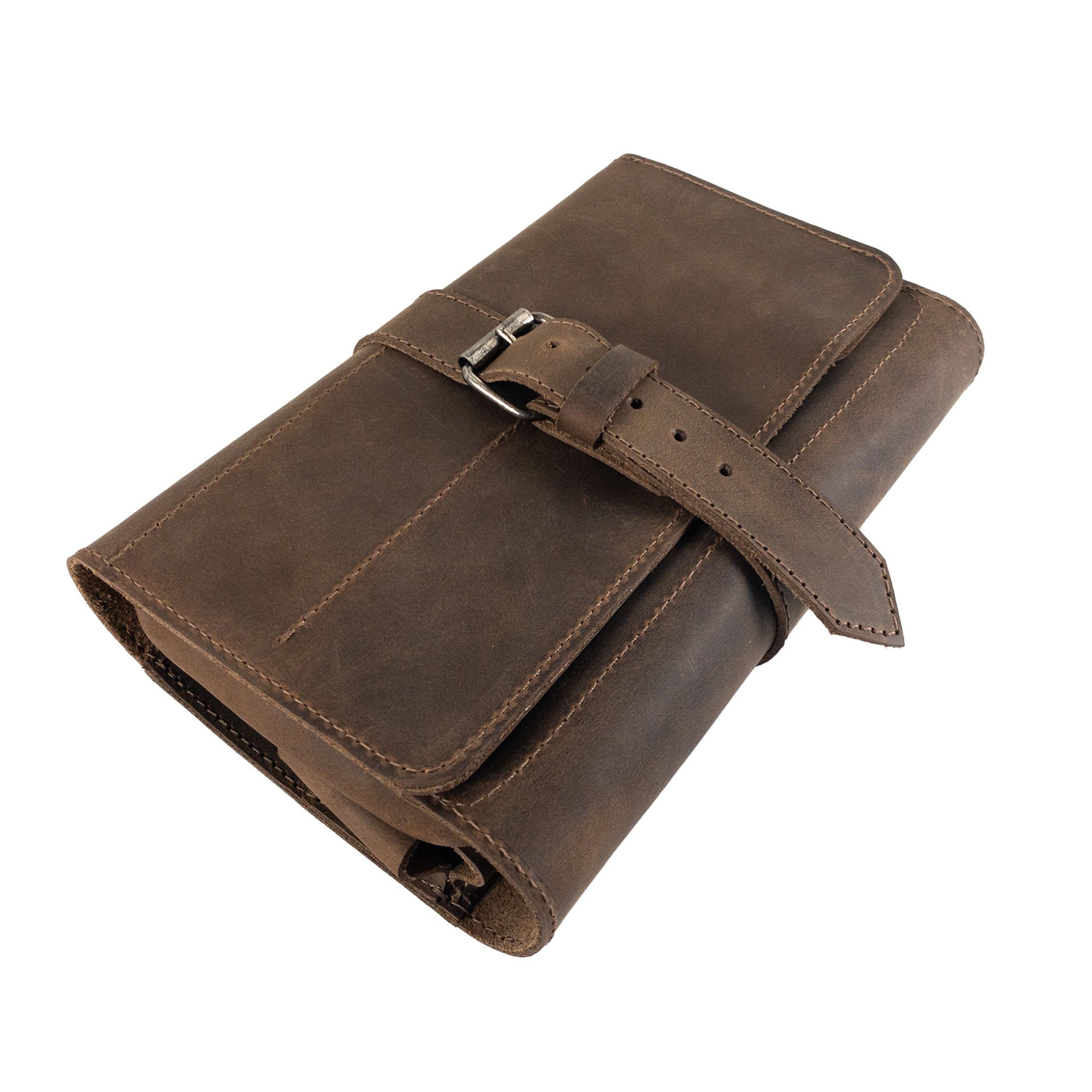A rugged rendition of Hide & Drink's Double Pipe Tobacco Pouch in brown leather, showcasing the artisan craftsmanship and small batch production methods. Perfect for every pipe tobacco lover.