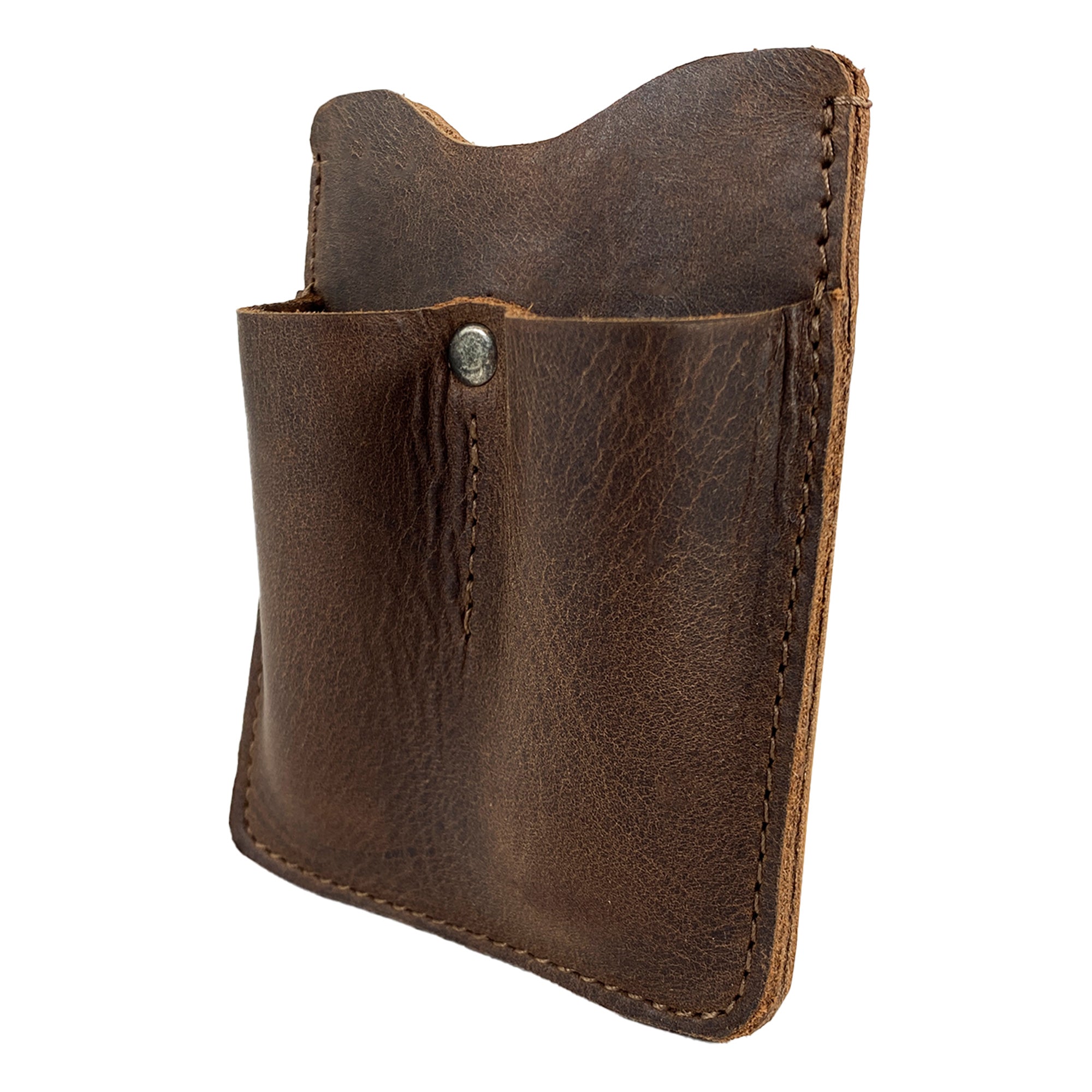 Side view of the Hide & Drink Card Holder with Small Tool Slots, highlighting its durable, handmade craftsmanship. This minimalist organizer is perfect for storing knives and flashlights, made from high-quality full grain leather in La Antigua Guatemala.