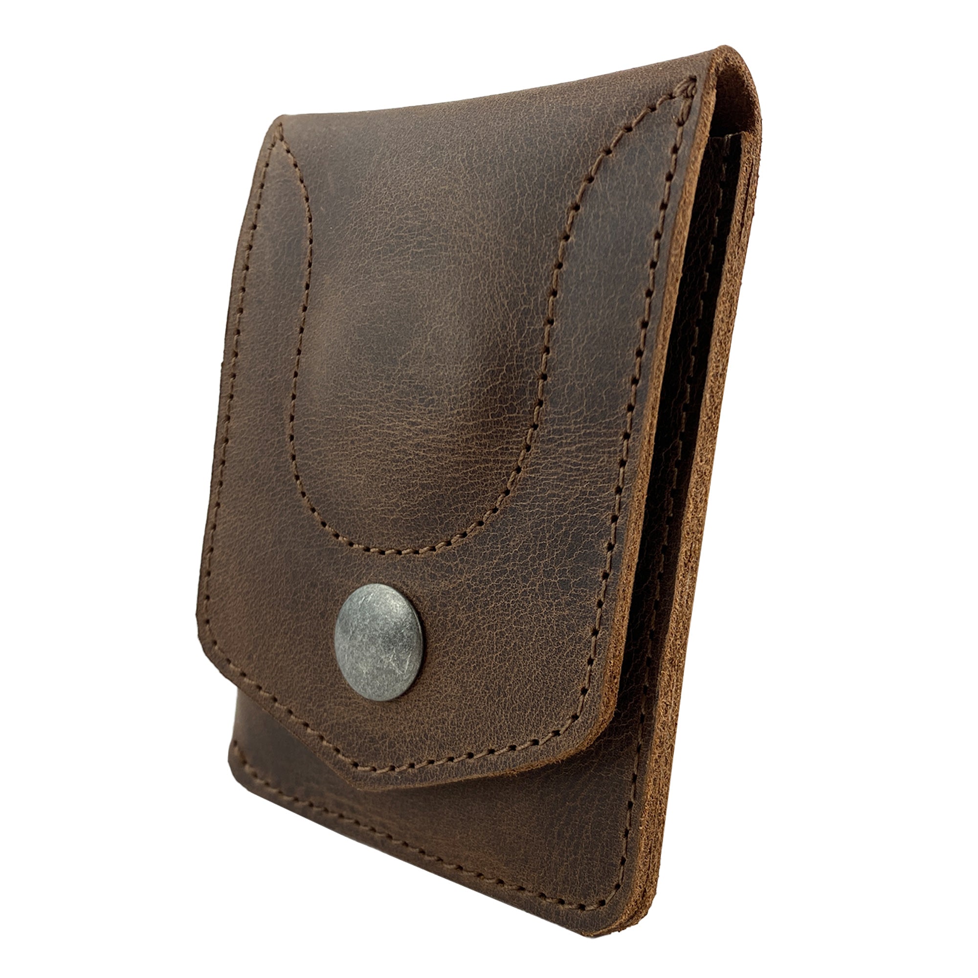 Side view of the Card Holder with AirTag Slot by LeatherTex, showing its compact design and full grain leather finish. This storage case is ideal for cash and small essentials, blending style and utility as a travel accessory. Handmade in La Antigua Guatemala, it highlights the artisan craftsmanship with hand-cut and hand-sewn features.