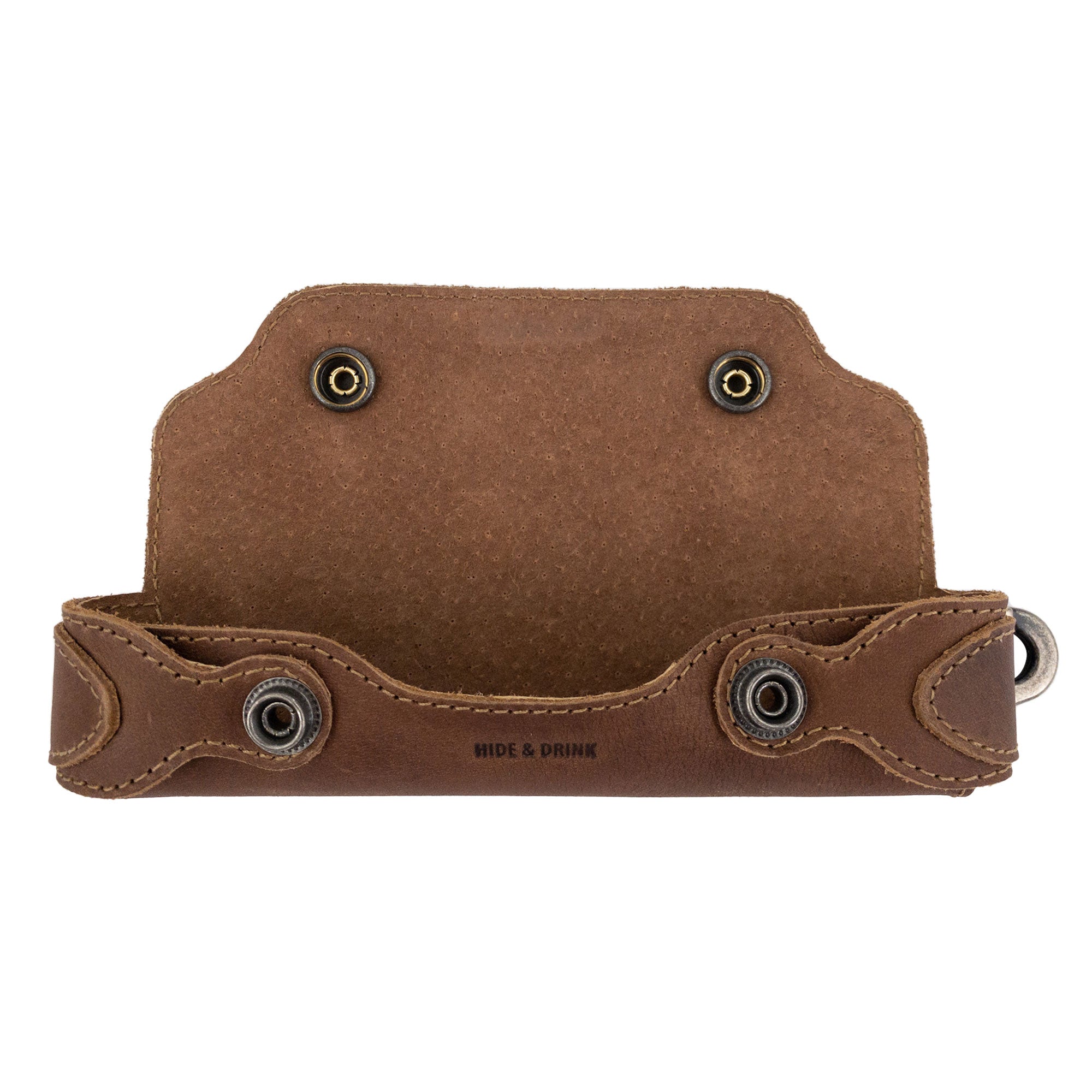 Interior of Hide & Drink’s brown Harmonica Case, designed for harmonica storage. This vintage style protector is made from full grain leather, showcasing artisan craftsmanship from La Antigua Guatemala.