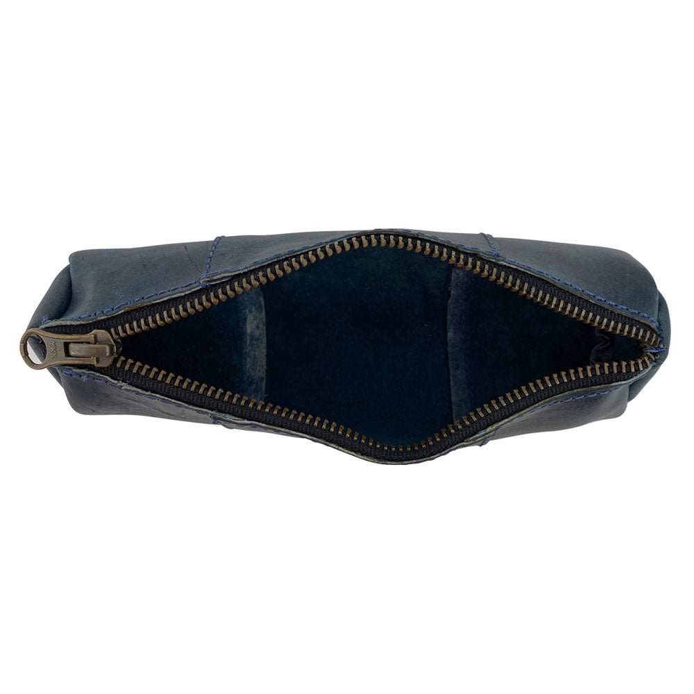 Inside view of the Utility Cylinder Case by Hide & Drink highlighting its spacious design, perfect for organizing office supplies. This classic bag is handmade from luxurious Full Grain Leather in La Antigua Guatemala. Cylinder Case, Handmade, Rustic.