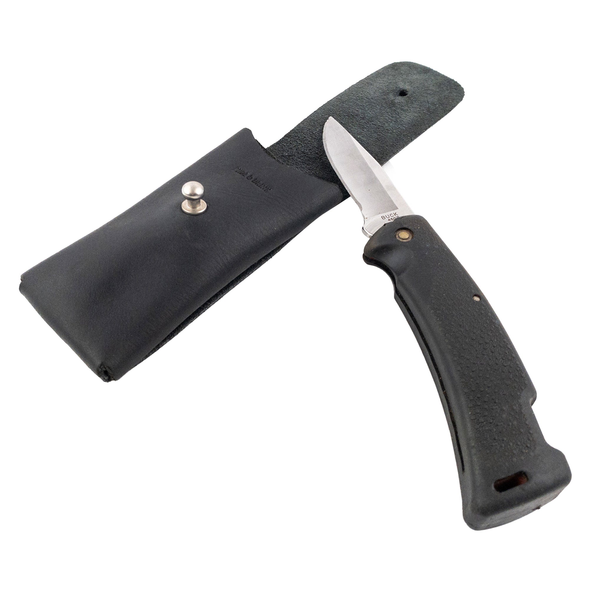 Hide & Drink Knife Case on display with a knife, made from premium black full grain leather. This handmade riveted Swiss knife case serves as both a protector and holster, essential for hiking and camping explorers, crafted in La Antigua Guatemala.