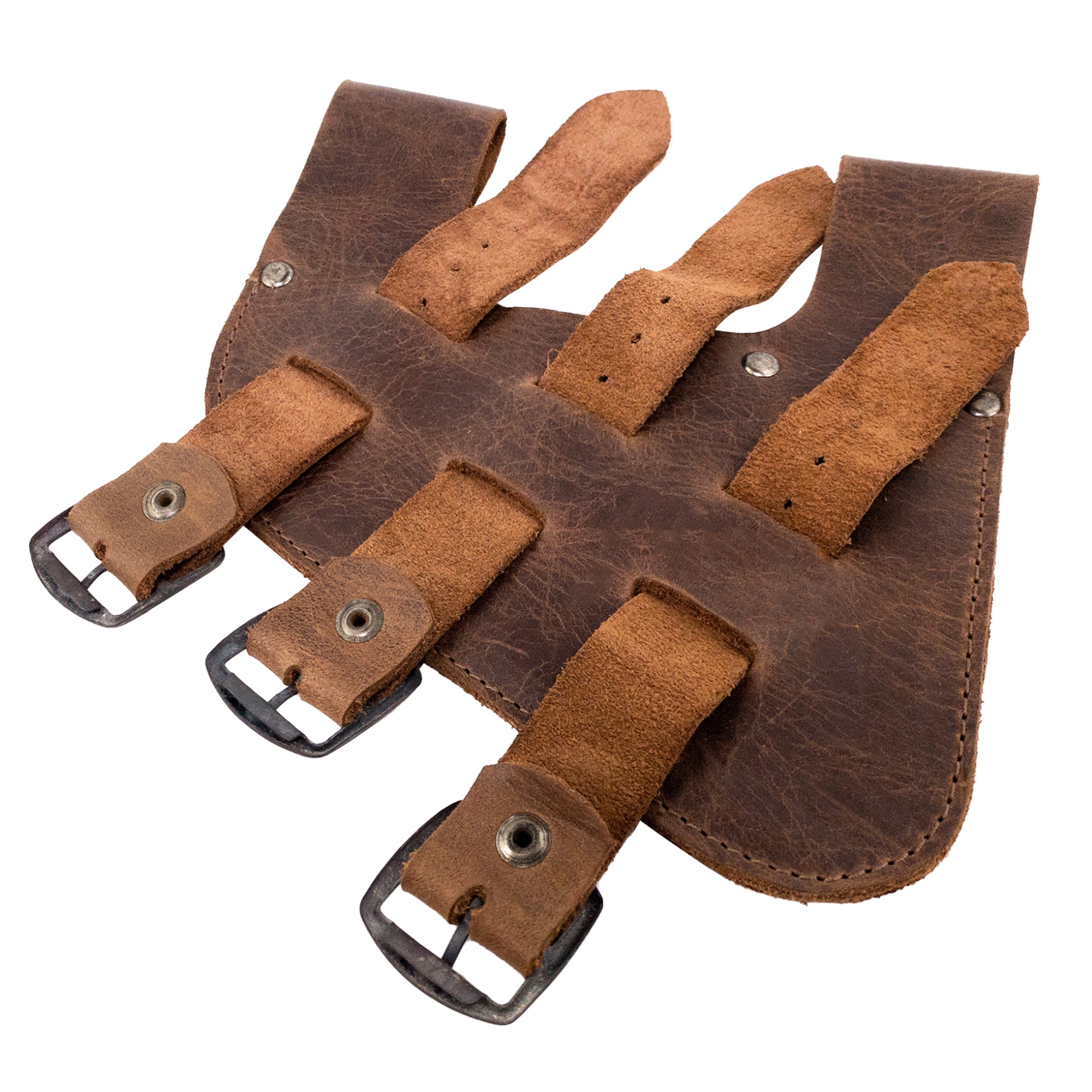 The back view of the Medieval Sword Holder with 3 Buckles by Hide & Play, made of high-quality Full Grain Leather. This accessory suits Fantasy Cosplay and serves as a unique Historical Costume Accessory. It reflects the artistry of Small Batch Production, being Hand Cut, Hand Sewn, and Fire Branded by talented artisans in La Antigua Guatemala & Oaxaca Mexico.