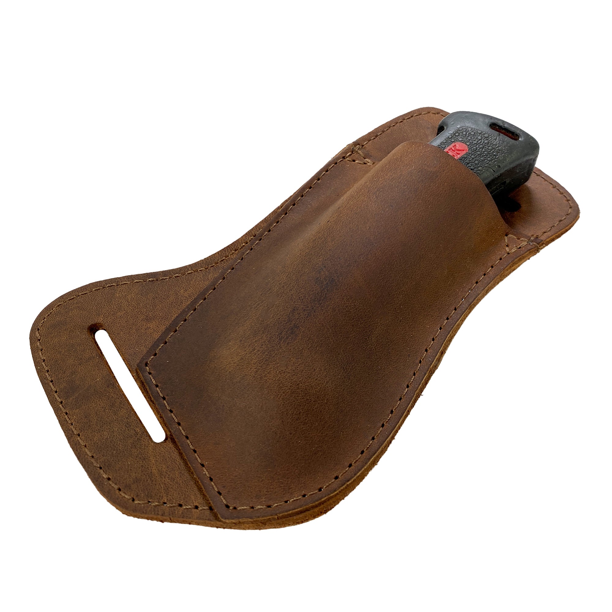 Valhalla Gear Horizontal Knife Holster with a knife tucked inside, demonstrating its practical use and elegant design in full grain leather, great for any camping or outdoor activities. Ideal for multitool storage, this Horizontal Knife Holster - Multitool Holder, Tool Case, Camping & Outdoor Accessories, Full Grain Leather, StockyardX, Small Batch Production, Hand Cut, Hand Sewn, Fire Branded, Artisan, Handmade in La Antigua Guatemala & Oaxaca Mexico.