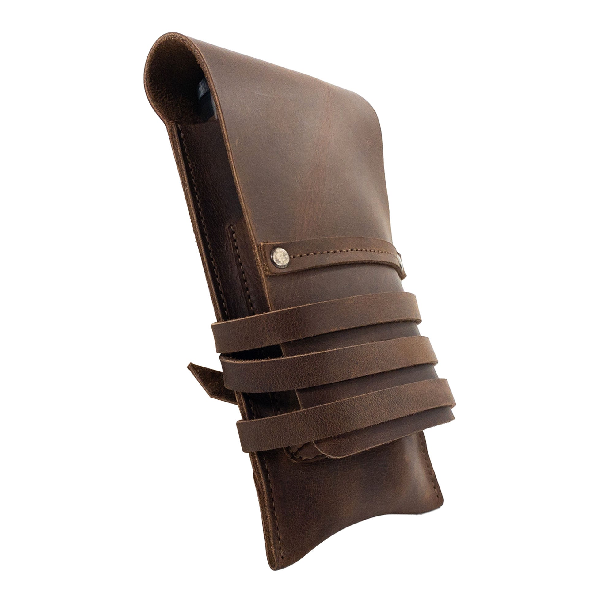 Side view of the Double Cigar Holder, a premium piece by Hide & Drink made with Full Grain Leather. This accessory emphasizes quality craftsmanship as part of StockyardX’s Small Batch Production, showcasing its hand cut and hand sewn attributes. Fire branded details signify the artisan dedication involved in its creation in La Antigua Guatemala & Oaxaca Mexico.