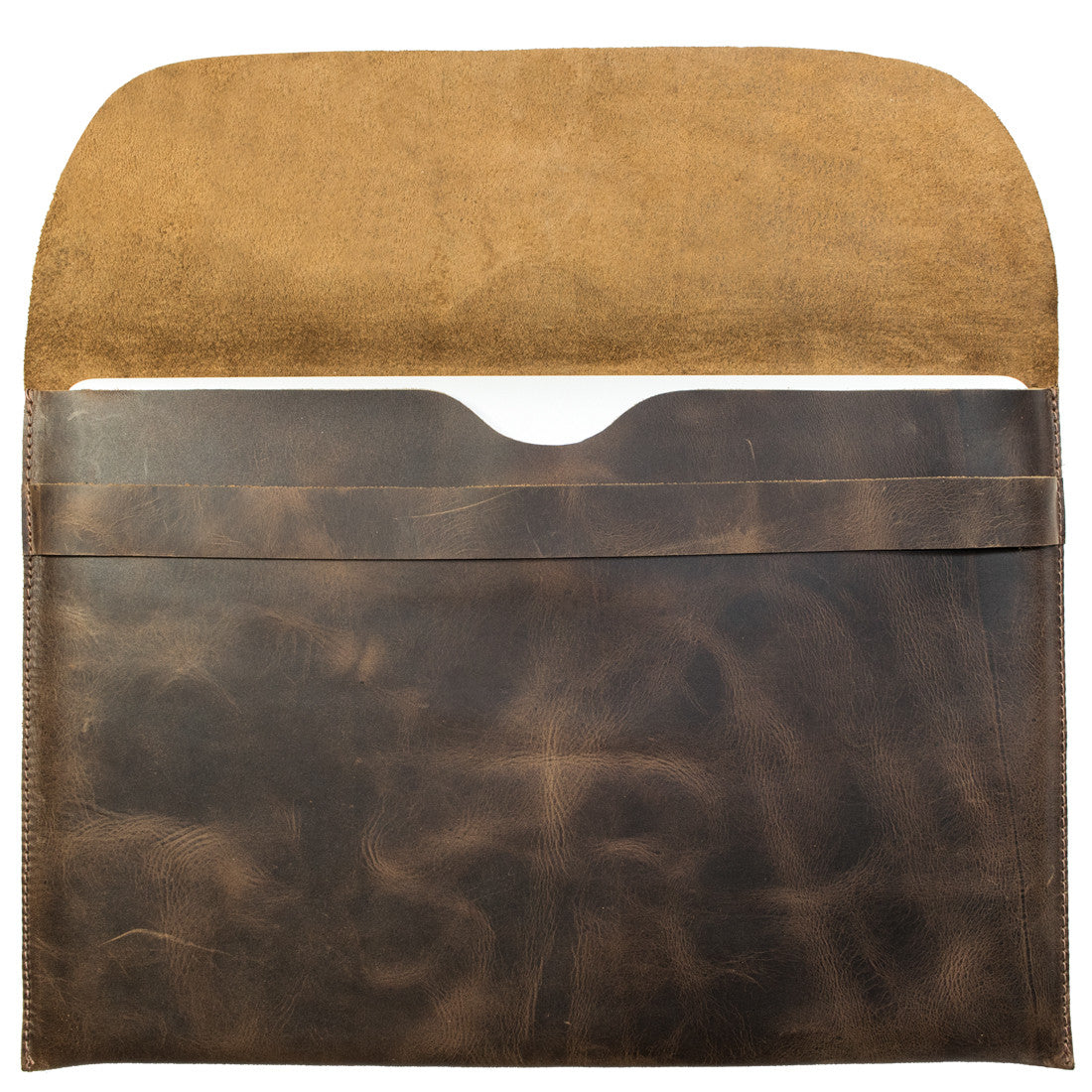 Inside view of the Tablet Slim Case by Hide & Drink, made from premium full grain leather. This sleeve for iPad 2 & iPad 3 offers a soft suede interior that gently protects your device. Each piece is skillfully crafted in small batches, ensuring unique quality through hand sewing and fire branding by artisans in La Antigua Guatemala & Oaxaca Mexico.