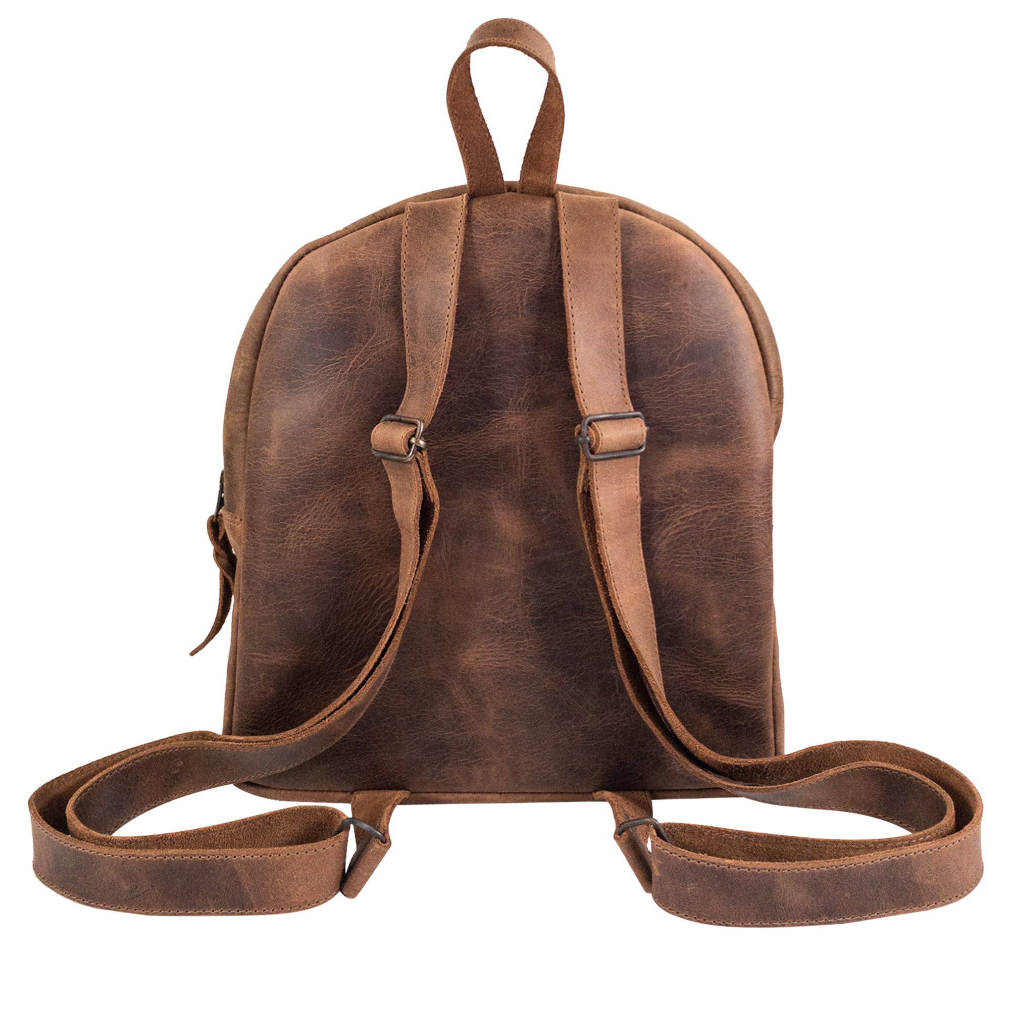 The back of Heather's Minimalist Backpack, featuring durable adjustable straps for comfort and ease of use. Crafted from full grain leather, this backpack is designed for carrying and organizing your essentials like notebooks and phones, ideal for travel. Handmade in La Antigua Guatemala, showcasing the value of small batch production.