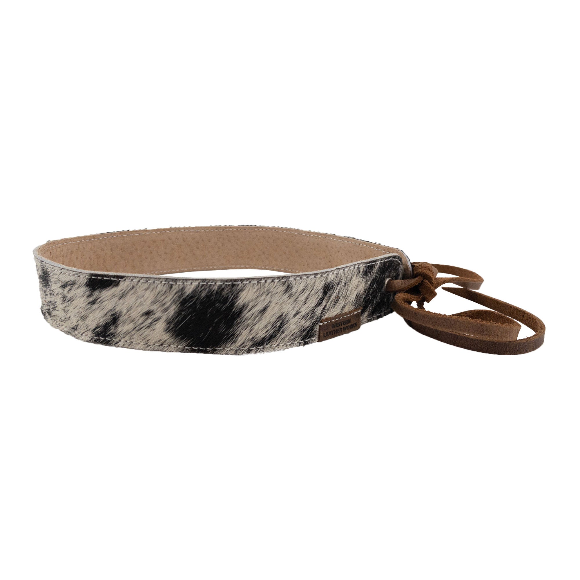 Stylish Cowboy Hatband made from soft Hair-On-Hide Full Grain Leather by Western Leather Works. This adjustable hatband for cowboy hats features a rodeo style design, handcrafted in La Antigua Guatemala. It's part of a small batch production, ensuring quality with hand cut and hand sewn construction, finished with fire branding by artisans.
