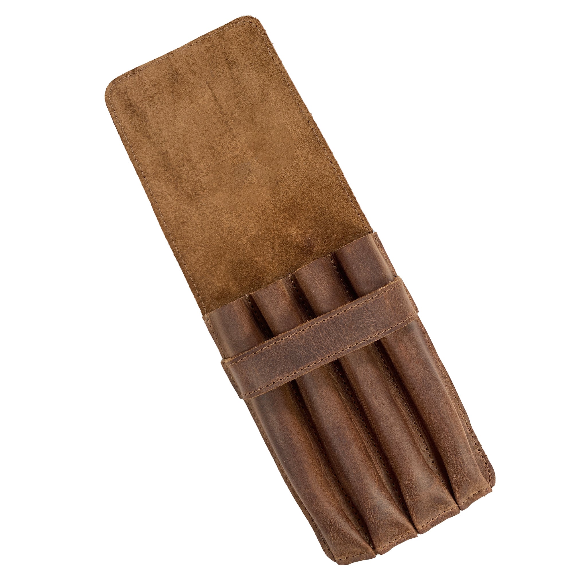 Open view of the Leather Worx 4-Pen Holder in brown full grain leather, revealing space for four pens or pencils. This minimalist style holder is a perfect blend of classic storage and artisan craftsmanship, showcasing a handmade touch with fire branding and care from La Antigua Guatemala.