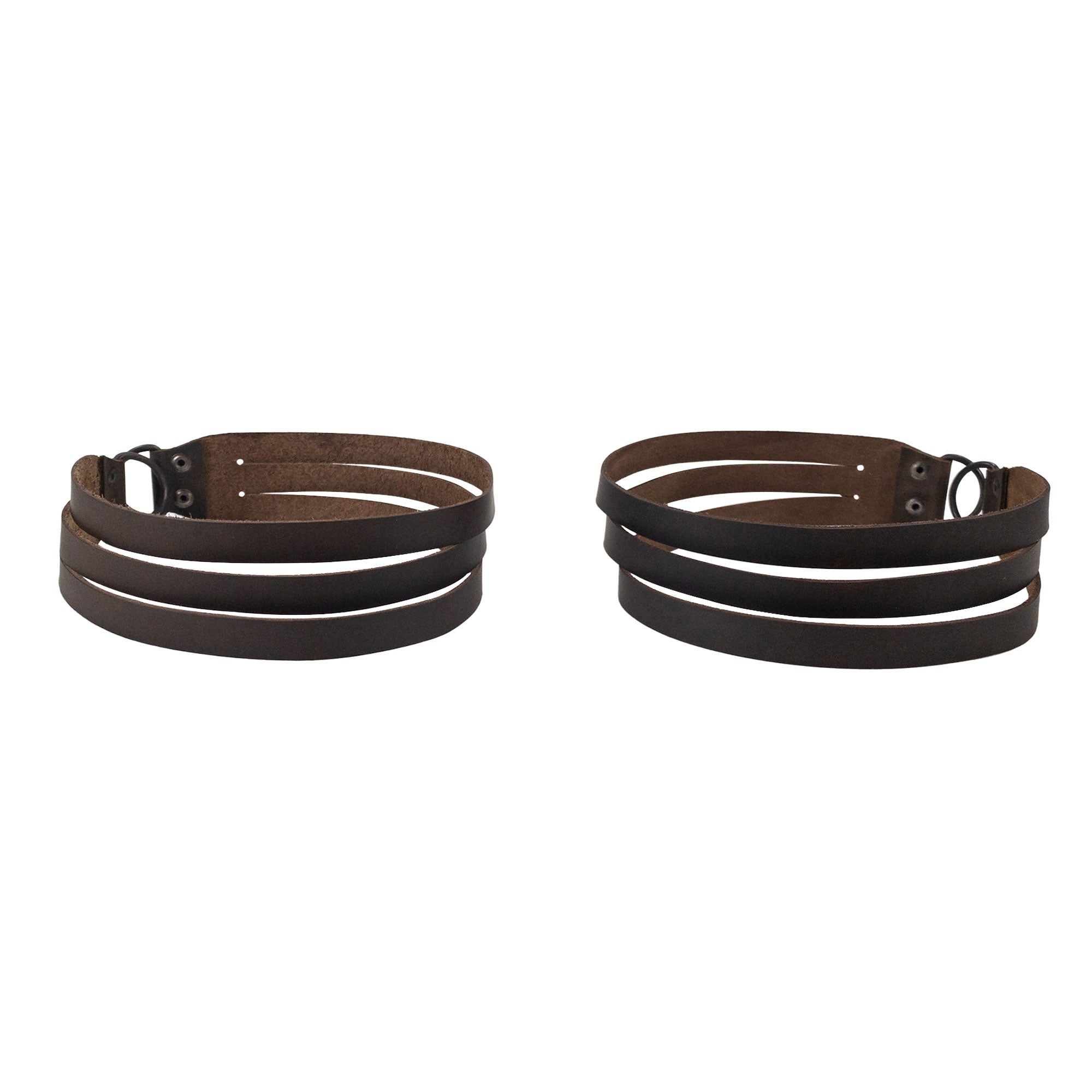 Two-tone set of Curtain Tie Back with Half Ring (2 Pack) in dark brown leather by Leather At Home, made from Full Grain Leather. This artisan product highlights small batch production, being hand cut and hand sewn, with a fire branded finish, handmade in La Antigua Guatemala & Oaxaca Mexico.