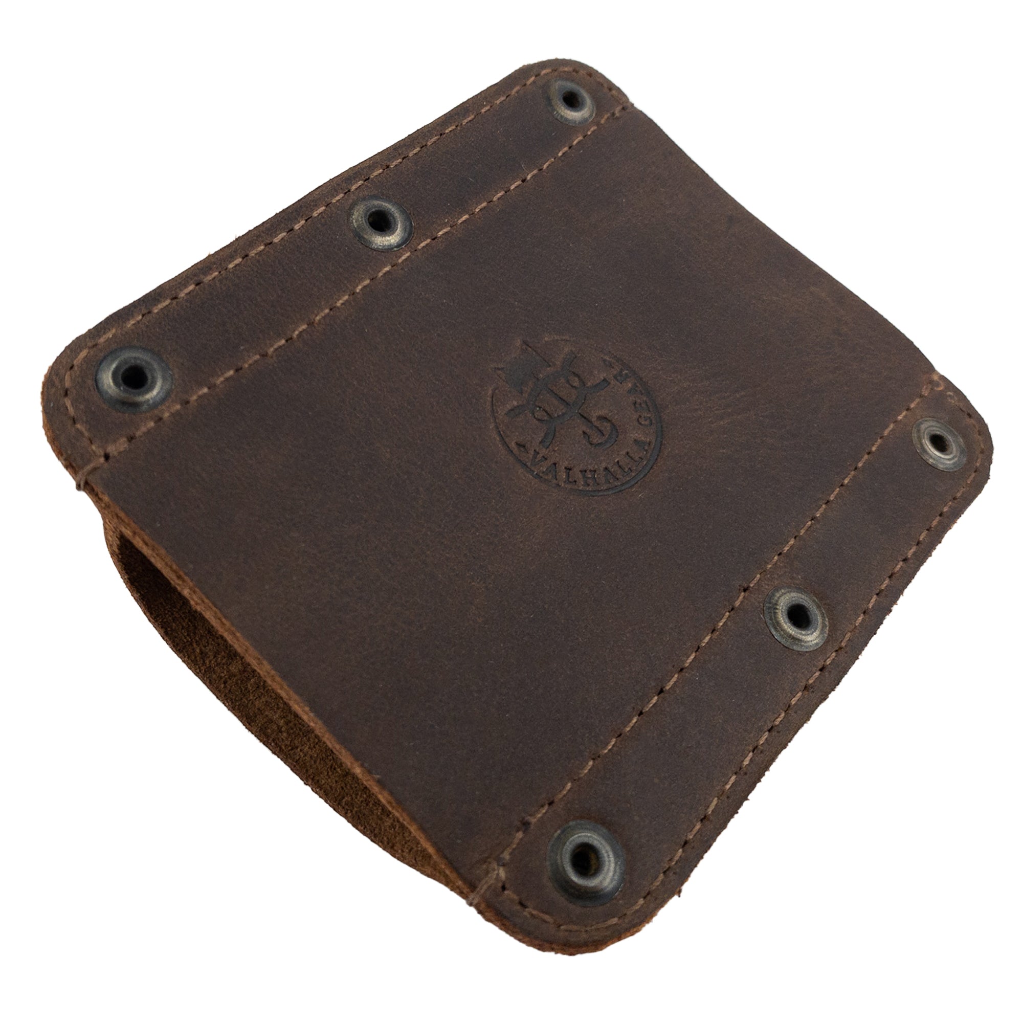Side perspective of a Knife Sheath for Belt by Valhalla Gear, demonstrating high-quality full grain leather and unique design. Perfect as a Knife Holster - Horizontal Holder, it’s an essential camping & outdoor accessory, handcrafted in small batches in La Antigua Guatemala & Oaxaca Mexico.
