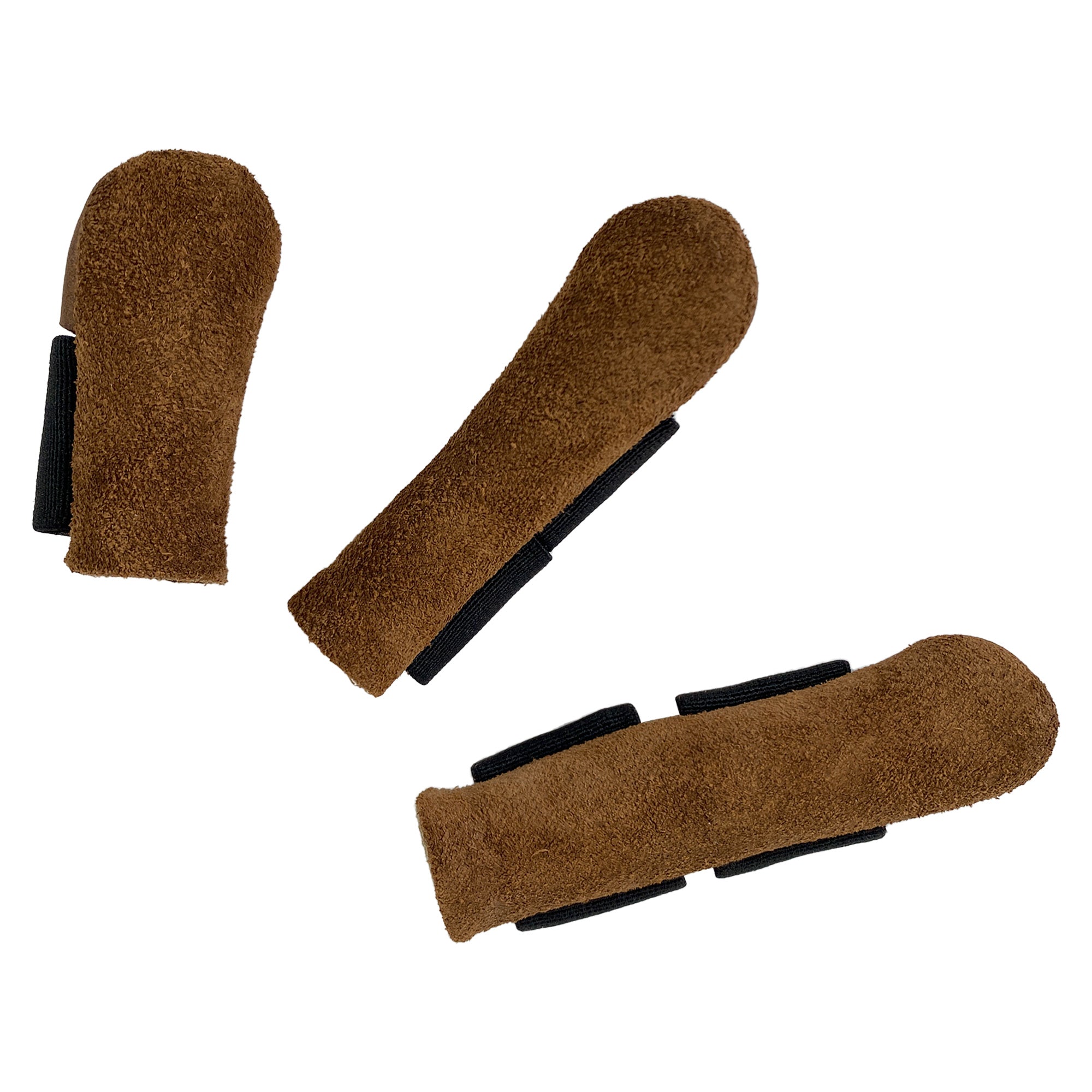 Displaying Toolshed Hide Thumb and Finger Guards (3 Pieces) in a close-up, highlighting their comfortable protection for fingers. These full grain leather pieces reflect artisan craftsmanship and belong to StockyardX‚Äôs small batch production, featuring hand cut, hand sewn, and fire branded techniques originating from La Antigua Guatemala & Oaxaca Mexico.