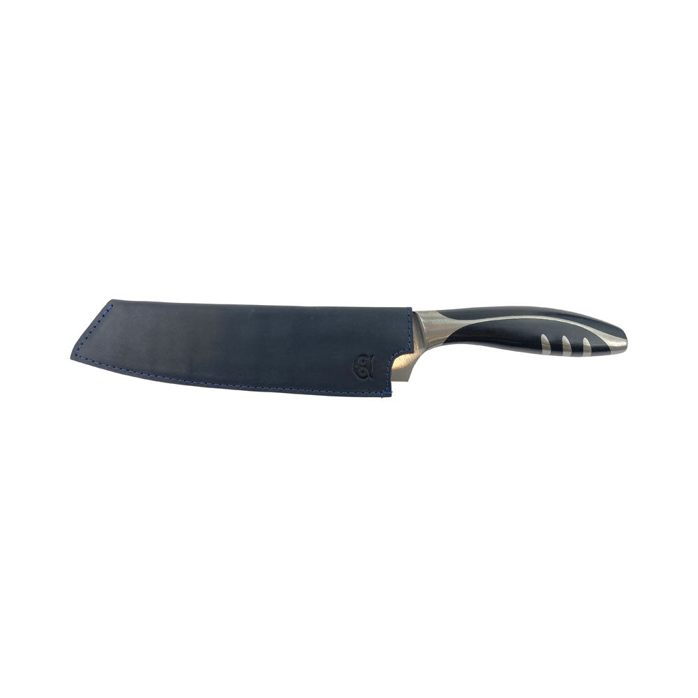 Hide & Drink's blue Chef Knife Sheath protecting a 180mm knife, made from Thick Full Grain Leather; demonstrating exquisite artisan craftsmanship and fire branding.