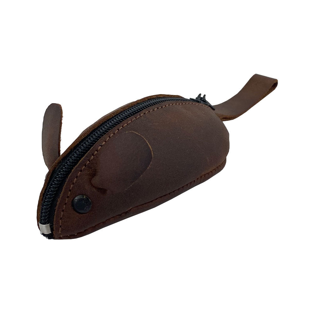 Side view of the Hide & Drink Mouse Coin Pouch, featuring a fun mouse design crafted from full grain leather. This change pouch is an excellent travel accessory and is hand sewn by artisans in La Antigua Guatemala, embodying small batch production and artisanal quality.