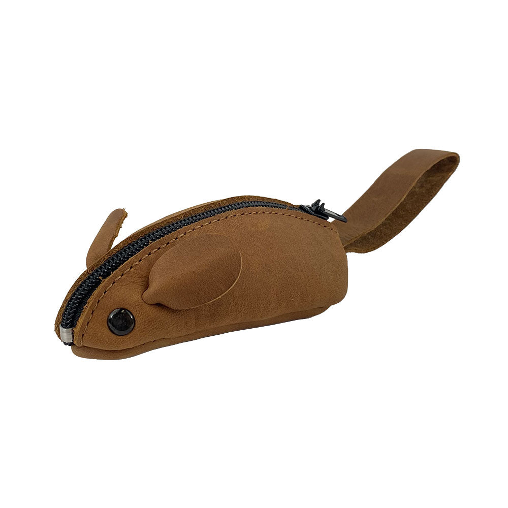 Side view of Hide & Drink's Mouse Coin Pouch, emphasizing its playful design and high-quality full grain leather. This Mouse-Shaped Coin Pouch is a unique travel accessory for keeping coins organized and accessible.
