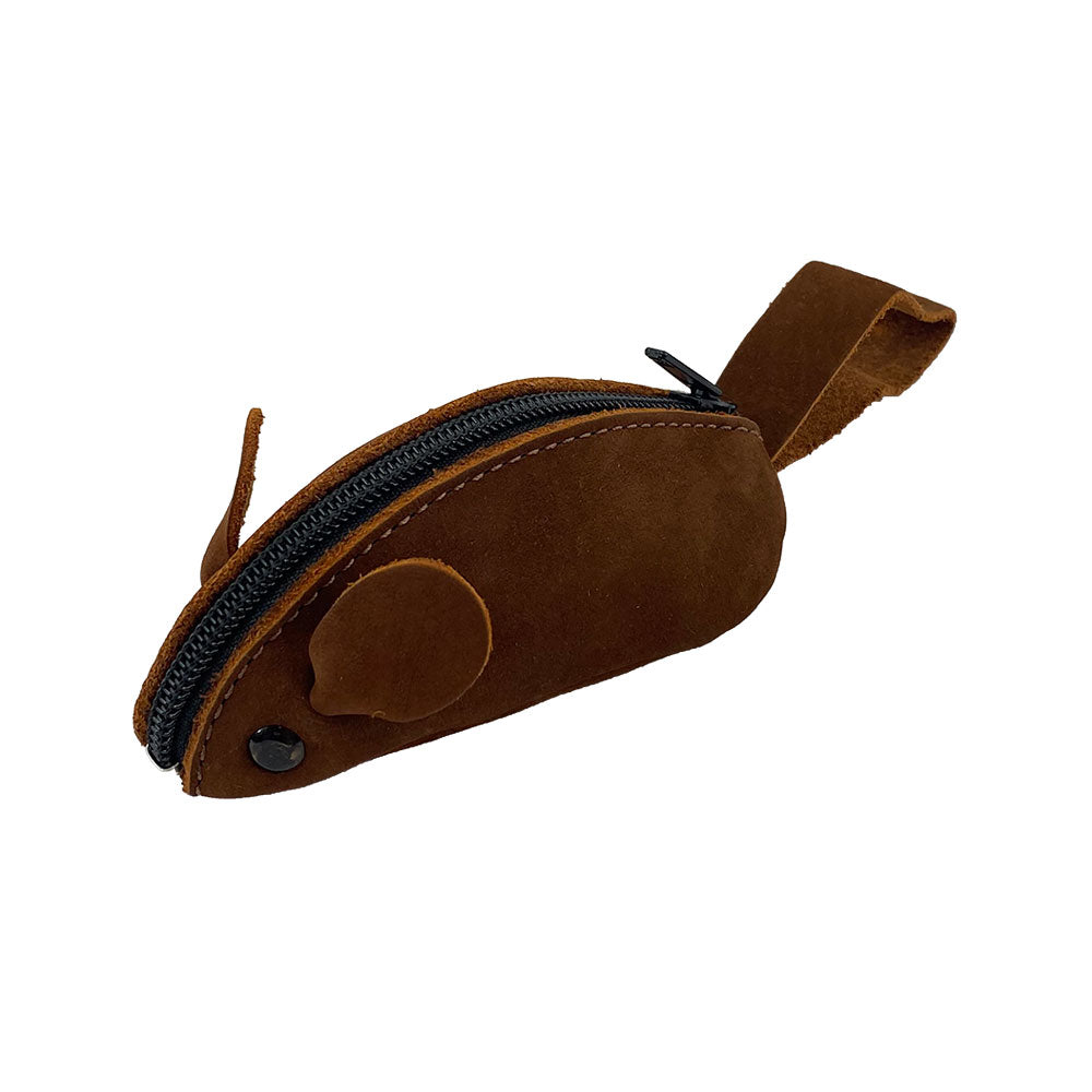 Detailed image of the Hide & Drink Mouse Coin Pouch, showcasing its charming Mouse design. This delightful Change Pouch functions as a Pocket Case for Coins and a fabulous Travel Accessory, made from high-quality Full Grain Leather.