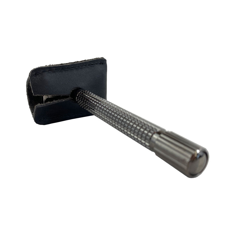 Durable Razor Head Cover by Hide & Drink, offering protection for your double edge safety razor. Crafted from full grain leather, this shaving travel cover represents small batch production and artisanal skills, handmade in La Antigua Guatemala & Oaxaca Mexico.