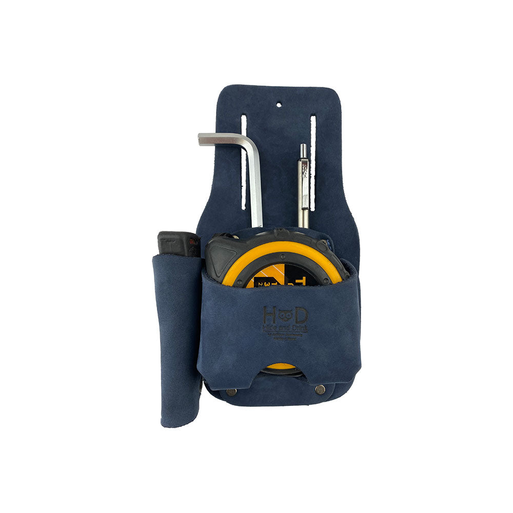 Hide & Drink Tape And Knife Holder emphasizing its craftsmanship and utility. This Tape & Knife Holder is a great addition to anyone's tool storage solutions. Crafted from full grain leather, it can be a perfect screwdriver holster or pocket belt pouch, artisan handmade in La Antigua Guatemala.