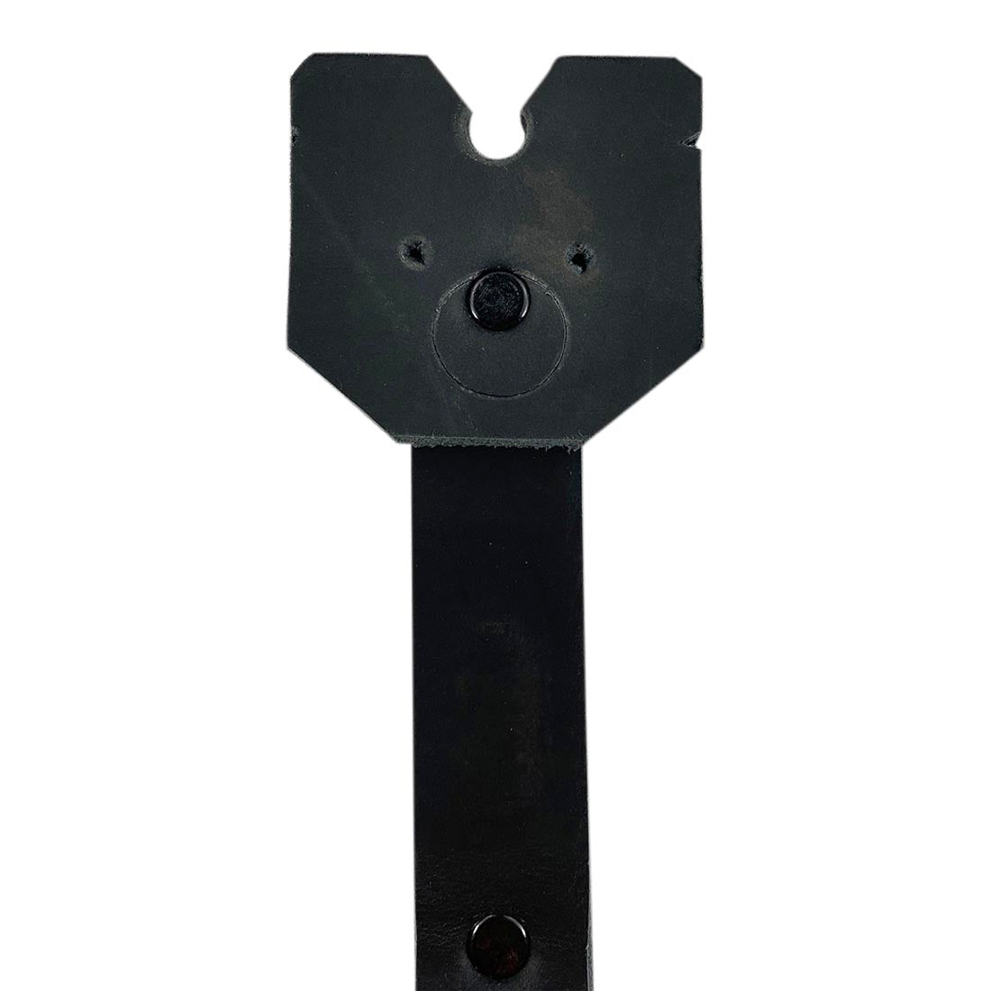 Close-up detailing of the black Taco Dog Doggy Fob Keychain, focusing on its craftsmanship and branding. Made from full grain leather, this durable and functional keychain is perfect for organizing dog lovers' keys, showcasing artisan talent from La Antigua Guatemala.