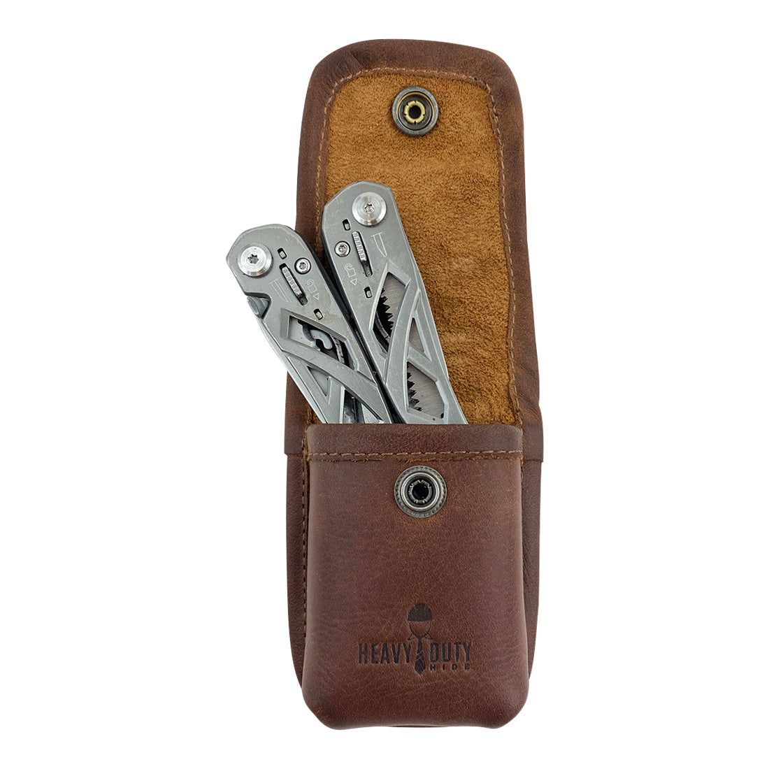 Heavy Duty Hide Multitool Sheath open with multitools inside, highlighting its spacious design. This full grain leather utility case is crafted for carrying tools, making it a practical tactical accessory. Handmade in La Antigua Guatemala with artisan precision.