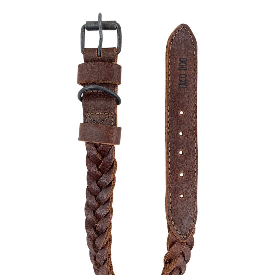Top view of Taco Dog's Braided Small Dog Collar demonstrating its unique braided pattern and sturdy leather material. This collar includes a belt buckle latch for added security, making it suitable for smaller breeds or puppies. Each collar is hand cut and hand sewn, representing quality small batch production done in La Antigua Guatemala & Oaxaca Mexico.