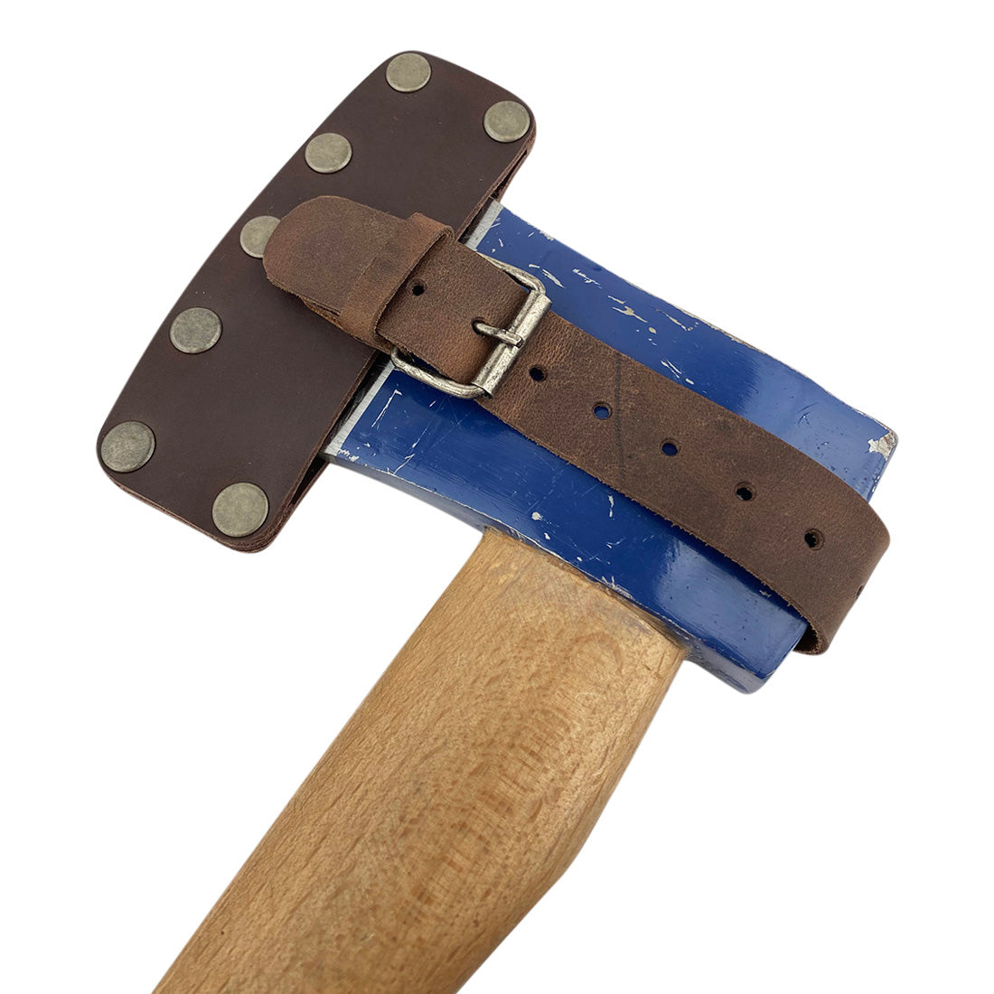 Lumberjack Axe Head Sheath by Valhalla Gear elegantly displayed on an axe. This Handmade from Full Grain Leather - Protector Case offers essential blade safety for outdoor adventures. A must-have for camping accessories, it reflects the quality of small batch production with its Artisan, hand cut, hand sewn, and fire branded design made in La Antigua Guatemala & Oaxaca Mexico.