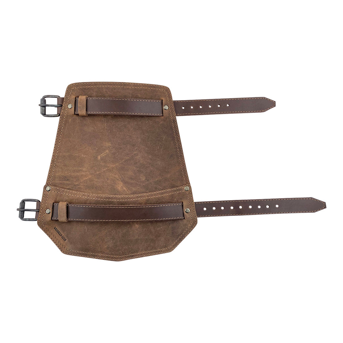 Back view of Valhalla Gear Vambrace Bracer - 2 pack, displaying the adjustable straps on this set of 2 Viking style hand protectors. Made from high-quality full grain leather, this medieval armband ensures durability and showcases artisan craftsmanship from La Antigua Guatemala & Oaxaca Mexico.