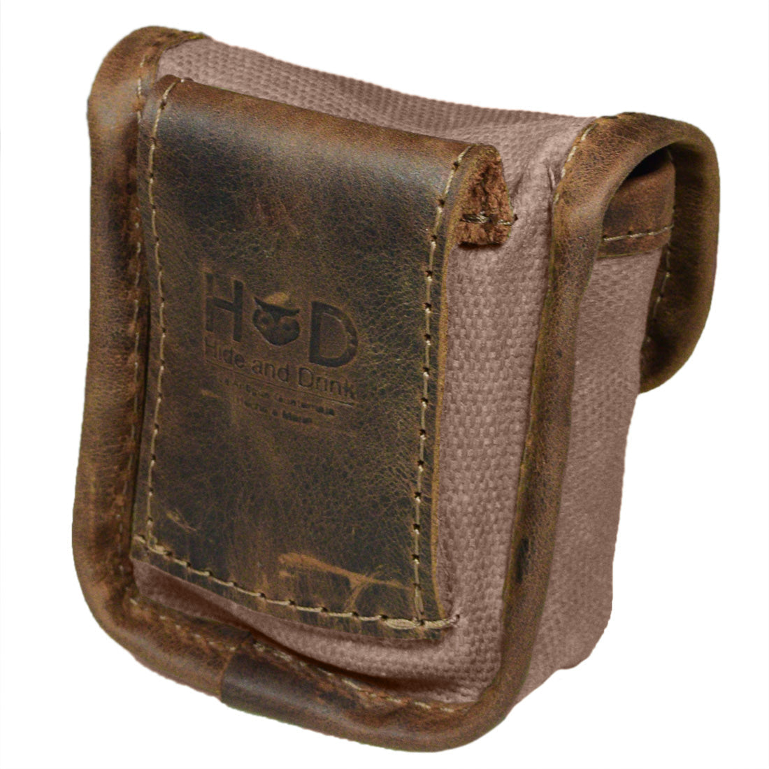 Hide & Drink's Mini Belt Pouch featuring an elegant leather enclosure, perfect for a practical outdoor accessory. This squared pouch is suitable for hiking and fishing, made of water-resistant waxed canvas and showcasing stockyardX's artisan commitment to small batch production from La Antigua Guatemala & Oaxaca Mexico.