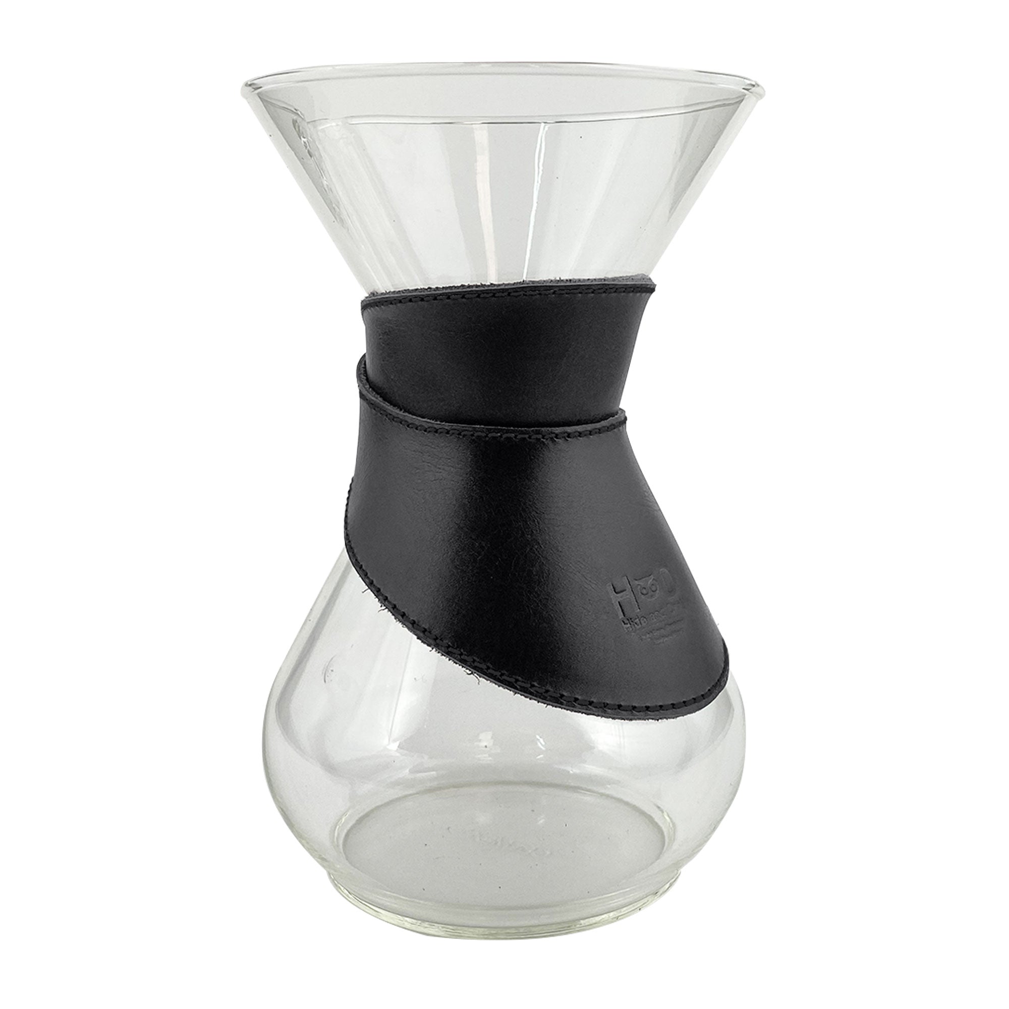 Hide & Drink Chemex Collar in black leather, offering durability and style as a pour over collar. This collar is designed for Chemex 6-Cup Glass, handcrafted by artisans in La Antigua Guatemala & Oaxaca Mexico.