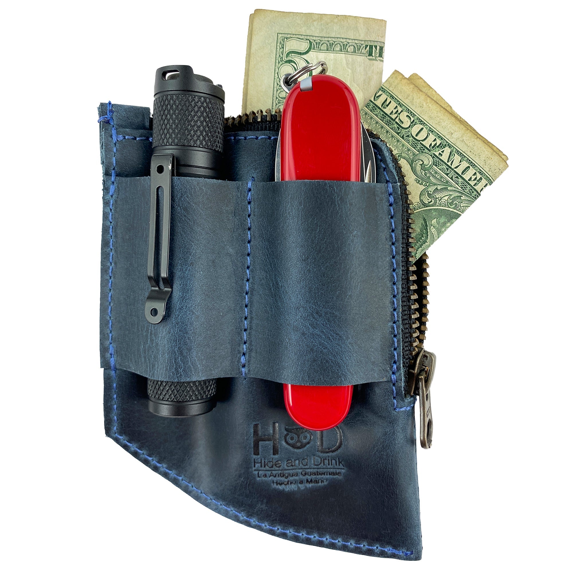 Hide & Drink EDC Pocket Wallet in a creative setting with business cards, emphasizing its role as a slim front card holder and practical accessory crafted from full grain leather.