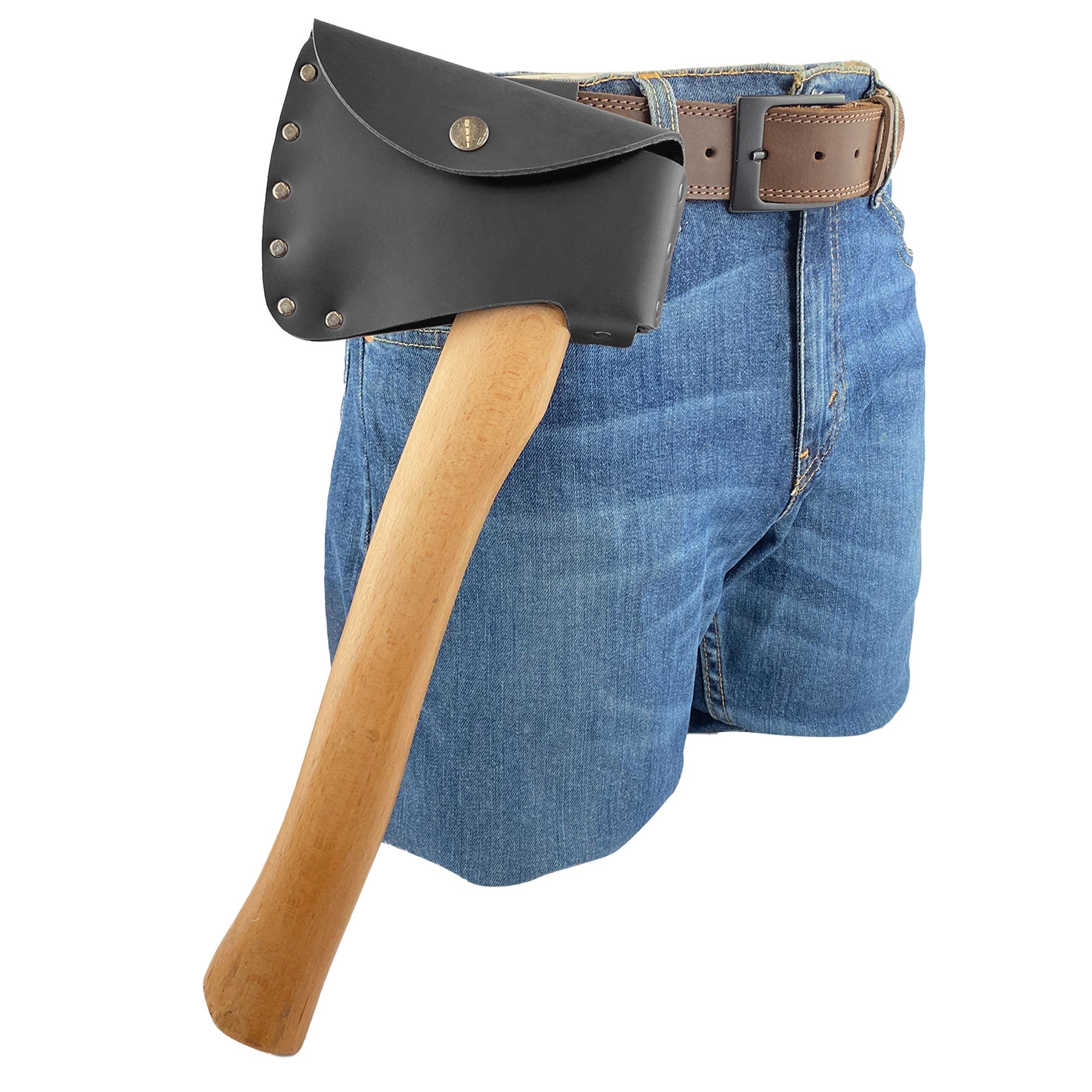 Black Axe Head Sheath by Valhalla Gear displayed on an axe to show its perfect fit and protective qualities for safe outdoor work. Axe Head Sheath - Protector Case Cover, Hatchet Blade Safety Sleeve, Camping Accessory, Lumberjack Outdoors Work Essentials, Full Grain Leather, StockyardX, Small Batch Production, Hand Cut, Hand Sewn, Fire Branded, Artisan, Handmade in La Antigua Guatemala & Oaxaca Mexico.