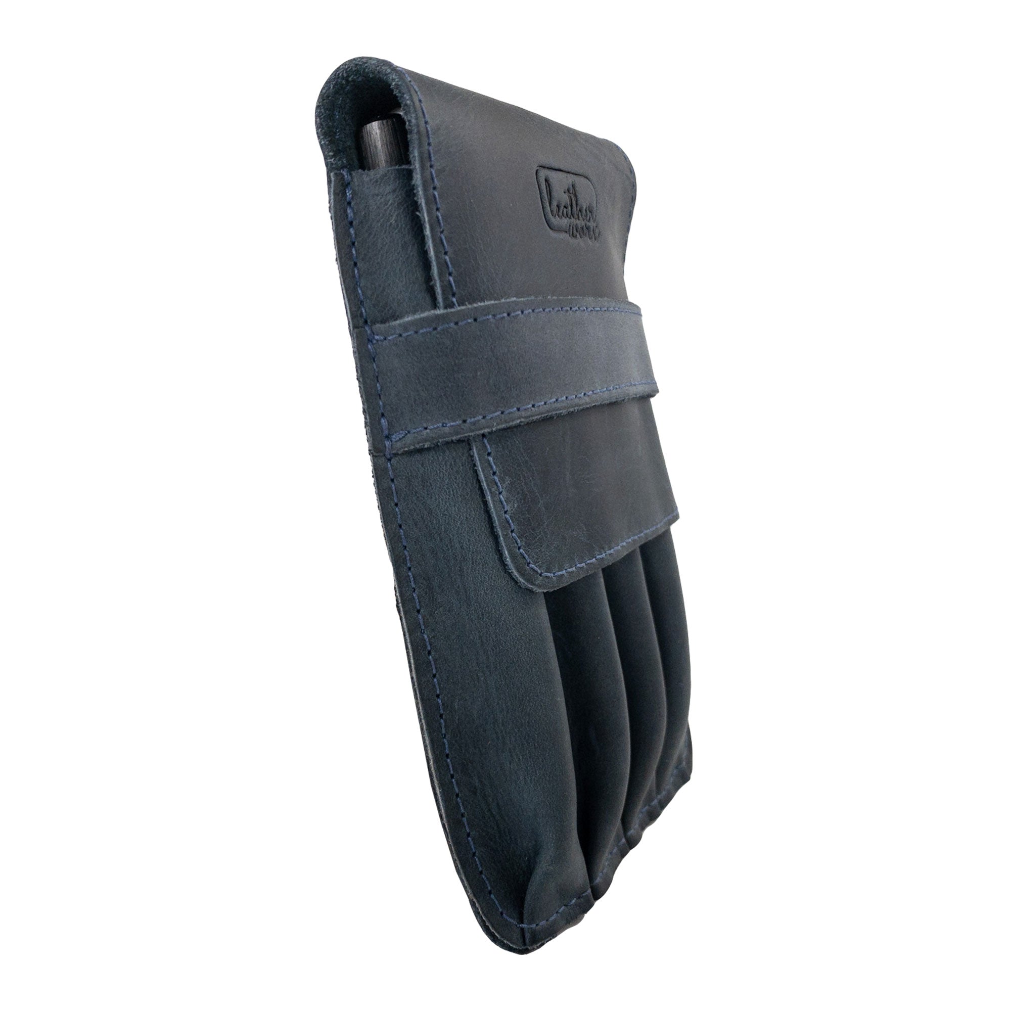 Inside view of the Leather Worx 4-Pen Holder in navy leather, displaying its soft lining for safely holding writing instruments. This classic storage solution is a beautiful testament to artisan skills, hand cut designs, and fire branding courtesy of small batch production from La Antigua Guatemala.