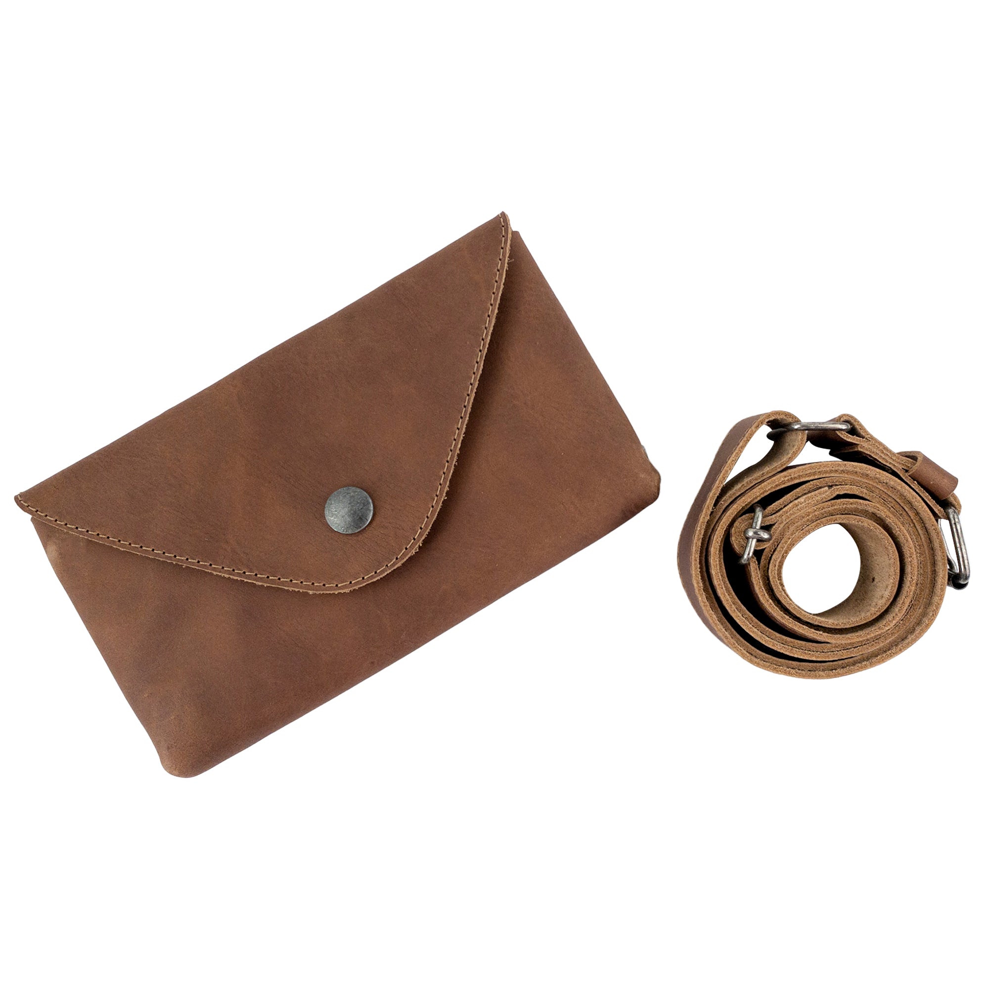 Hide & Drink's Fancy Fanny Pack displayed with its adjustable strap, emphasizing versatility. Crafted from sturdy full grain leather, this waist pouch is perfect for easy travel for digital nomads and doubles as a vintage purse.
