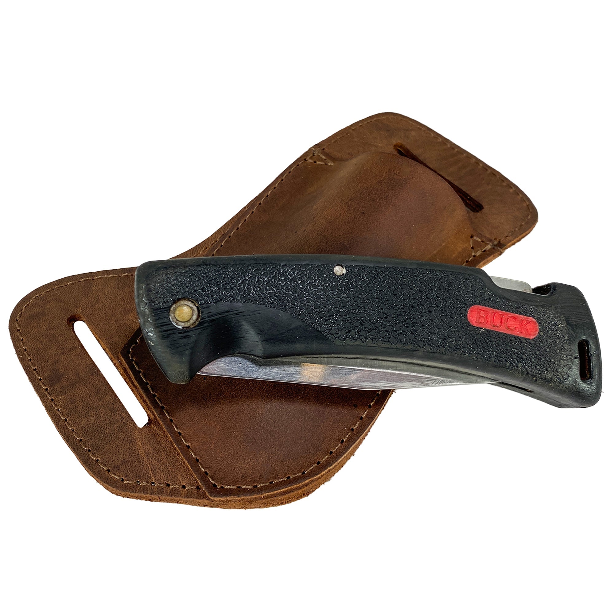 A close-up view of the Valhalla Gear Horizontal Knife Holster showcasing its fit with a knife, emphasizing the premium full grain leather material used, perfect for outdoor gear enthusiasts. This Horizontal Knife Holster - Multitool Holder, Tool Case, Camping & Outdoor Accessories, Full Grain Leather, StockyardX, Small Batch Production, Hand Cut, Hand Sewn, Fire Branded, Artisan, Handmade in La Antigua Guatemala & Oaxaca Mexico.