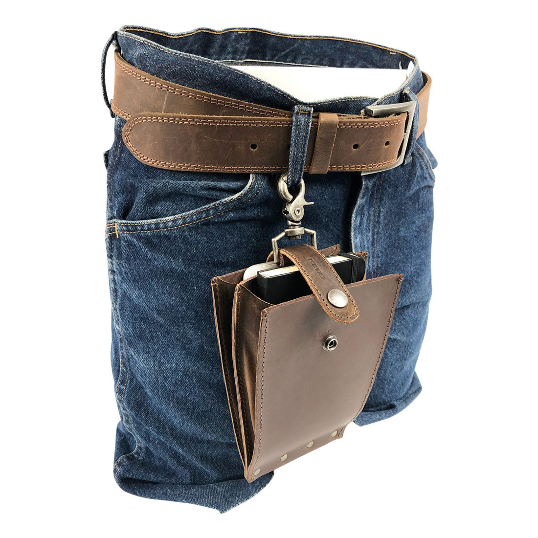 The 'Table Hanger Organizer' by Hide & Drink attached to a belt, demonstrating its practical use for holding items hands-free—a great companion for on-the-go organization. Table Hanger Organizer - All-Purpose Slim File with Lobster Clasp - Durable Multi Use Hanger Organizer with Clasp, Full Grain Leather, StockyardX, Small Batch Production, Hand Cut, Hand Sewn, Fire Branded, Artisan, Handmade in La Antigua Guatemala & Oaxaca Mexico.