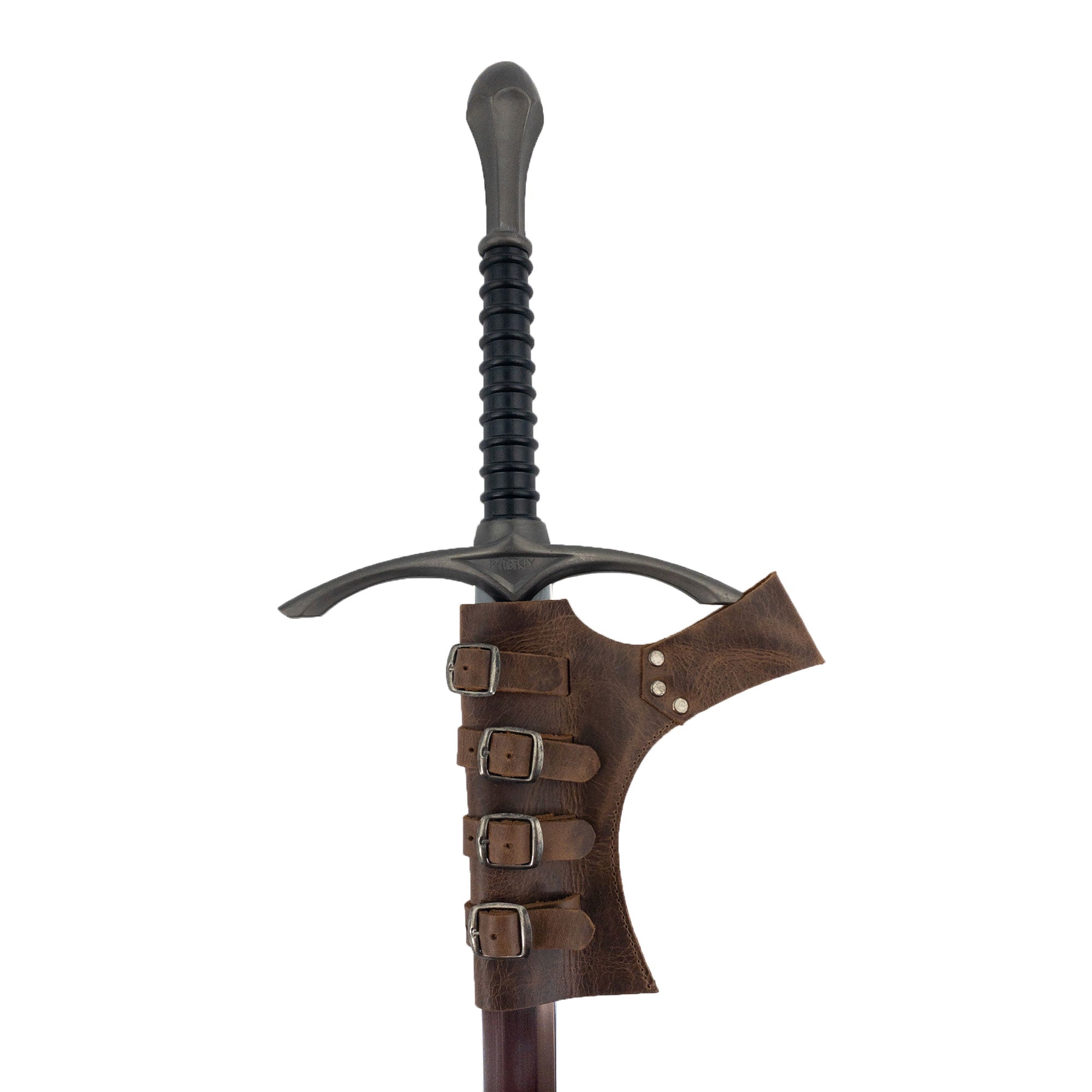 The Sword Frog Leather Holder by Hide & Play shown with a sword, demonstrating its practical design for cosplay and medieval-themed costumes. This full grain leather holder is handcrafted with care, showcasing the artistry of small batch production in La Antigua Guatemala & Oaxaca Mexico.