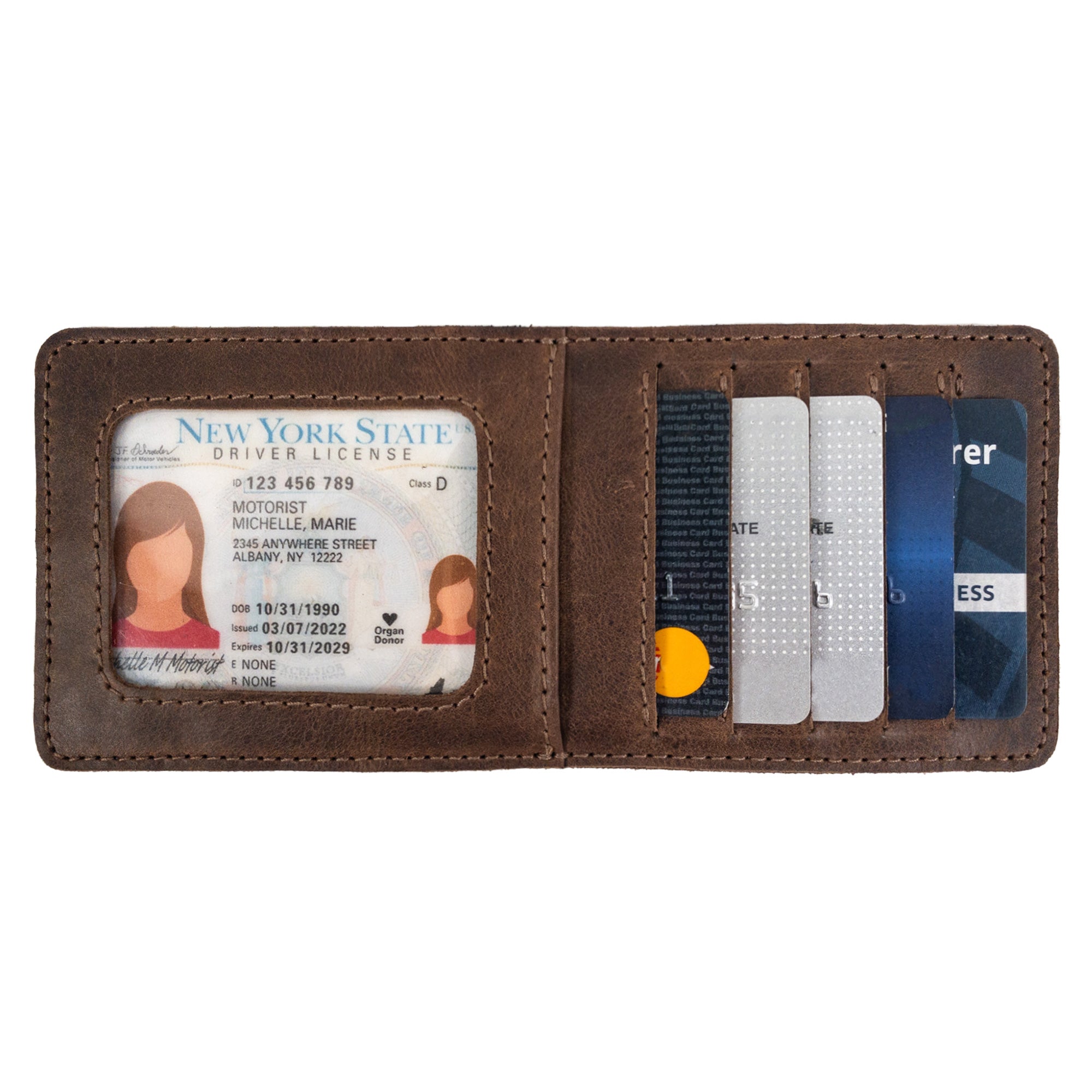Heather's Vertical Cards & ID Organizer opened to reveal a personalized ID and several card slots, showcasing the durable Full Grain Leather construction and handmade qualities from StockyardX.