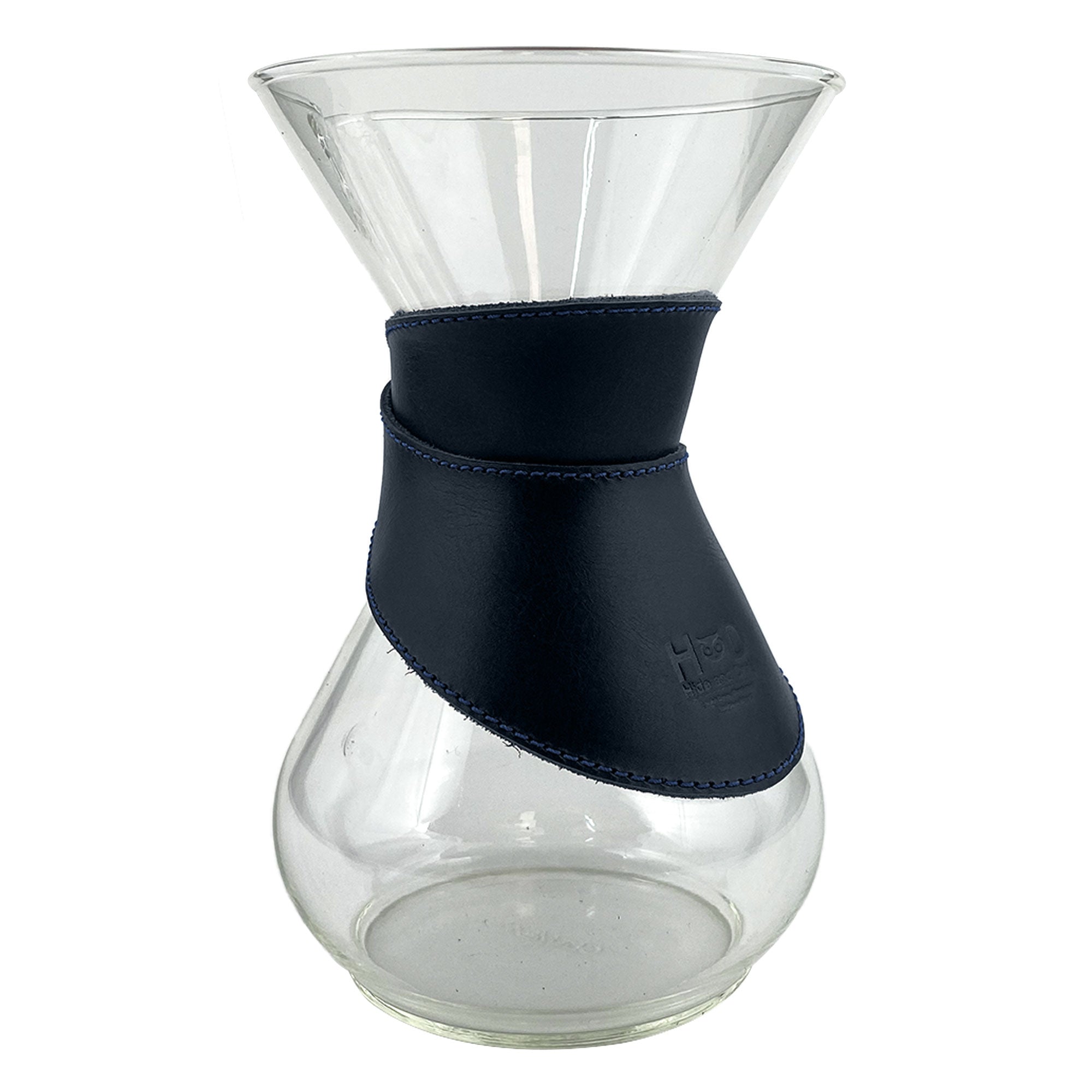 Close-up of Hide & Drink Chemex Collar crafted from navy leather, displaying quality stitching and artisan attention to detail. Perfect for pour over coffee, compatible with Chemex 6-Cup Glass, made by artisans in La Antigua Guatemala & Oaxaca Mexico.