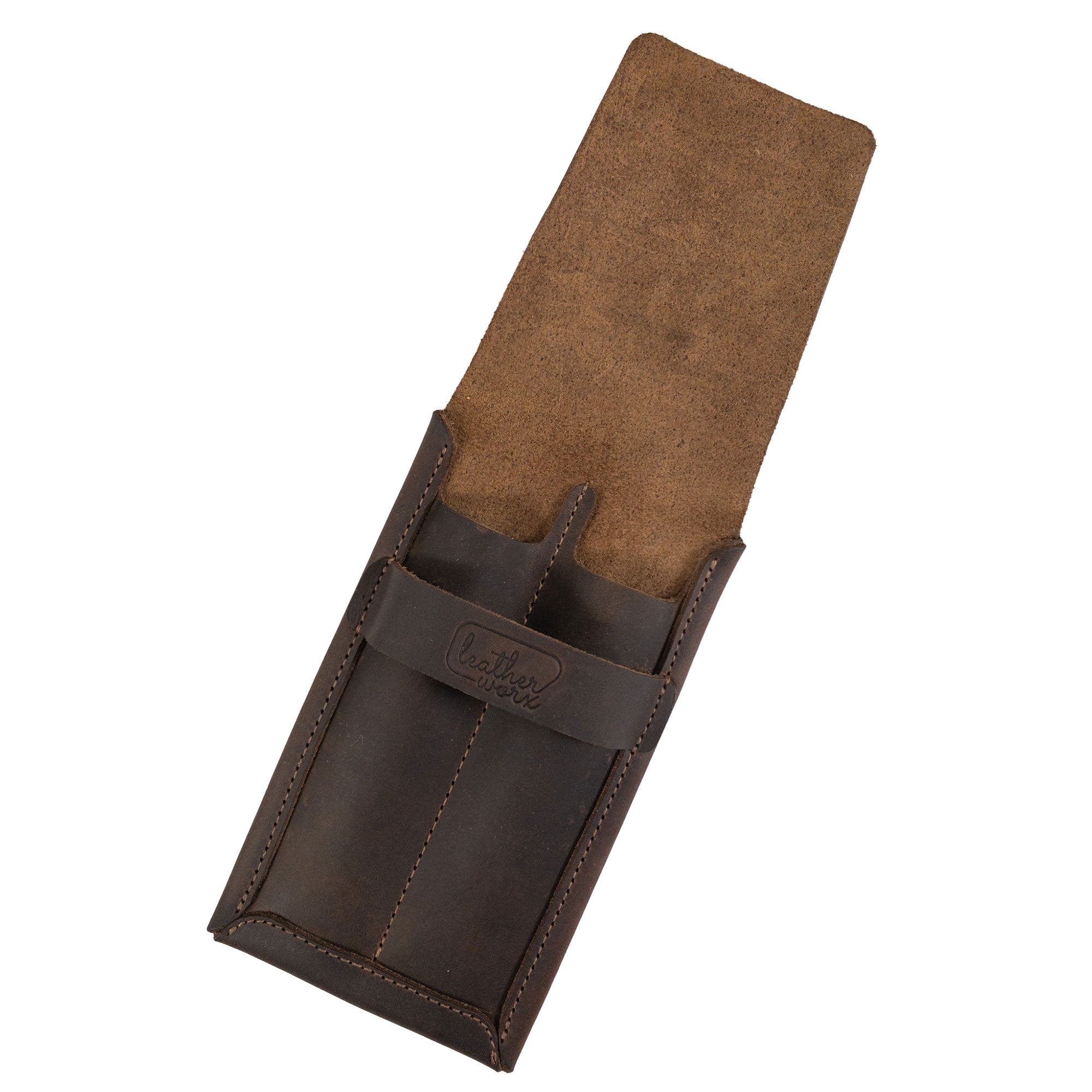 Open view showing the interior of the Double Pen Case by Leather Worx, crafted from high-quality Full Grain Leather. This artisanal piece reflects small batch production with hand cut and hand sewn details and features a fire branded logo. Handmade in La Antigua Guatemala and Oaxaca Mexico.