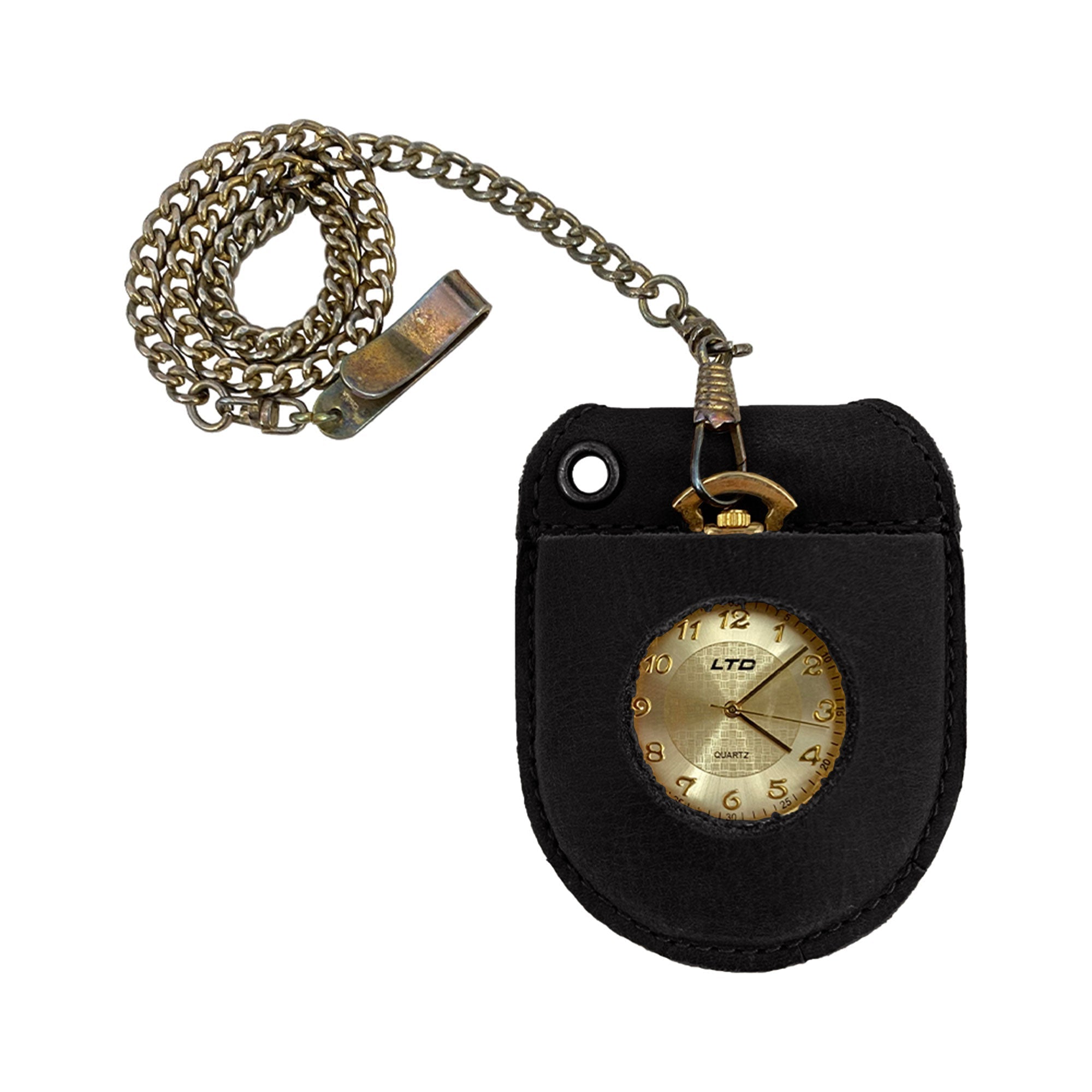 Hide & Drink Pocket Watch Holder and Case on a belt, demonstrating its versatility and convenience. This pocket watch case functions as a rustic protector holder crafted from full grain leather, embodying artisan quality with small batch production, hand cut, and hand sewn details. Handmade in La Antigua Guatemala & Oaxaca Mexico.