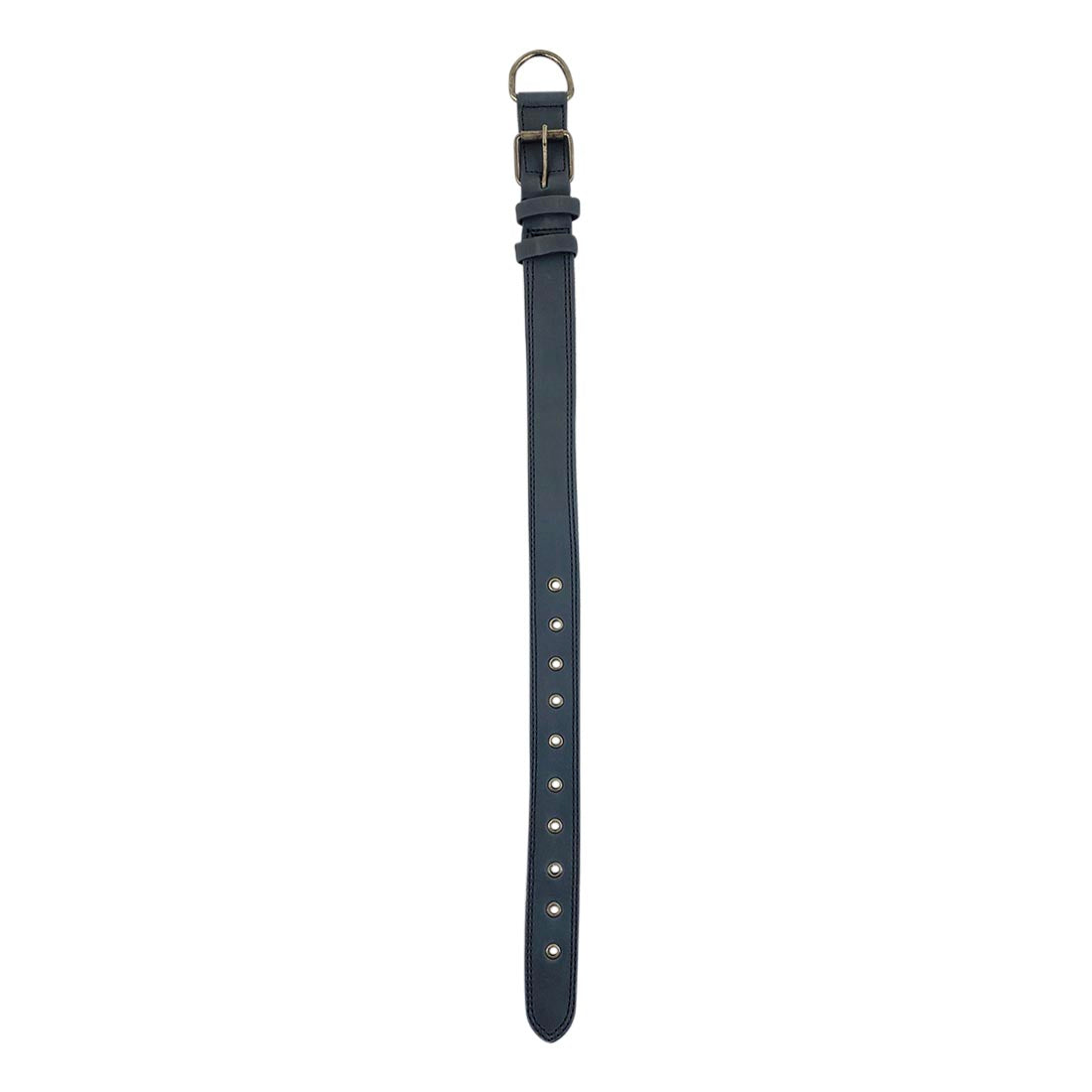 Profile view of Taco Dog Black Leather Dog Collar that conveys elegance and strength, designed for medium to large dogs. Includes a heavy-duty adjustable buckle and metal D ring, handmade in La Antigua Guatemala.
