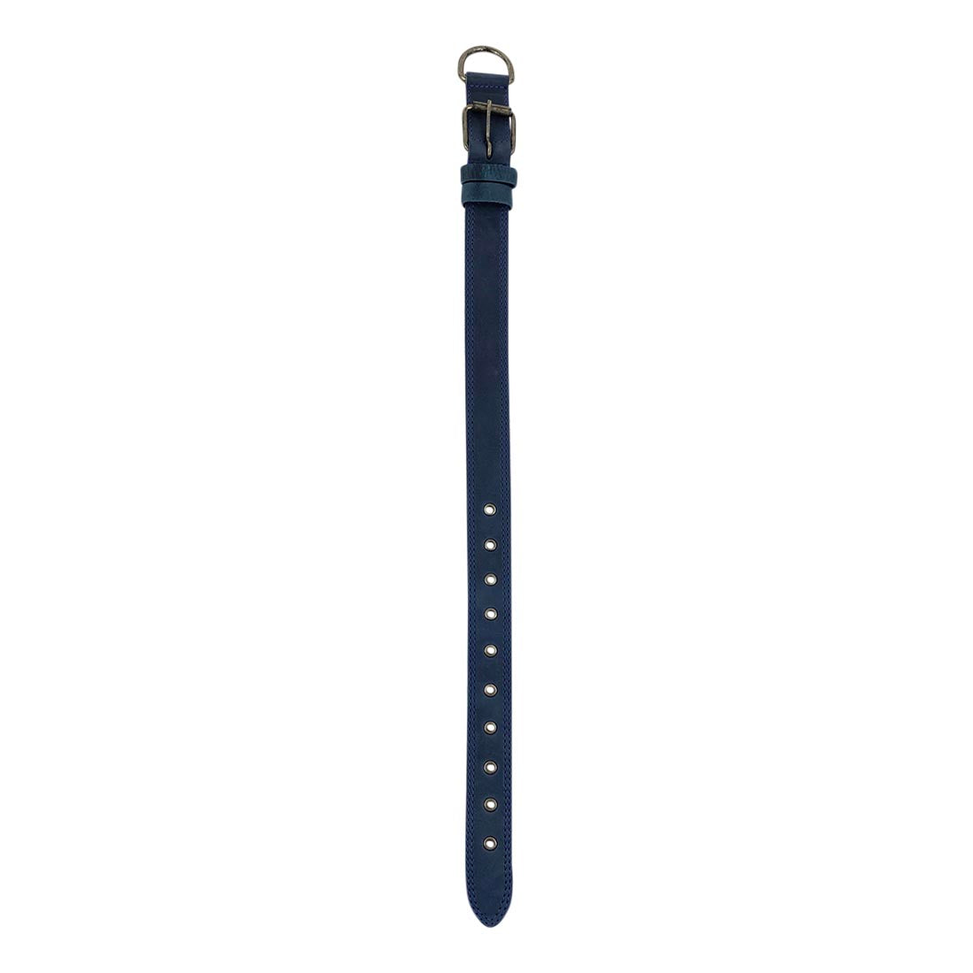 Back view of Taco Dog Blue Leather Dog Collar featuring its robust design in leather for medium to large dogs. Includes heavy-duty adjustable buckle and metal D ring, handcrafted in La Antigua Guatemala.