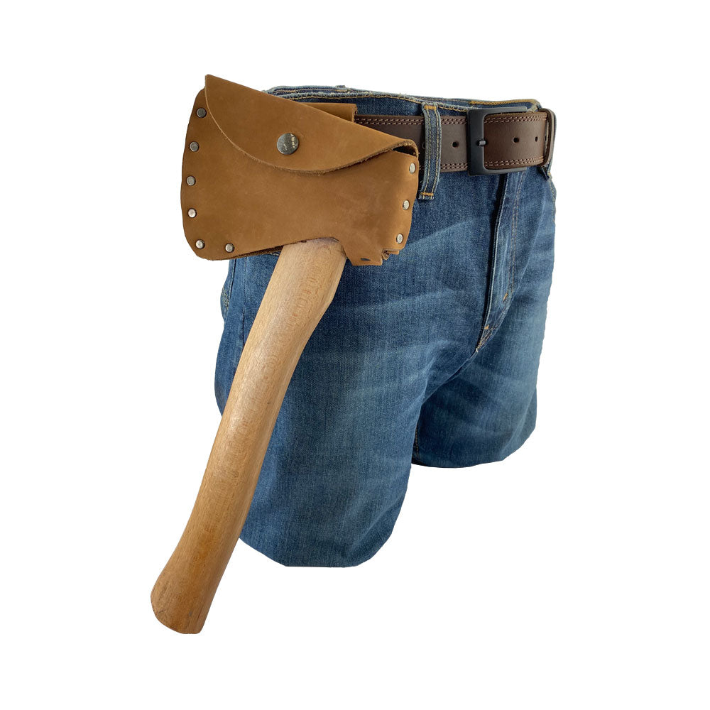 Hide & Drink Hatchet Head Sheath presented in a practical design for a holster fitting 1.5 in. belts. This durable blade cover acts as an essential axe head case for lumberjack outdoor work, showcasing artisan quality and handmade production.