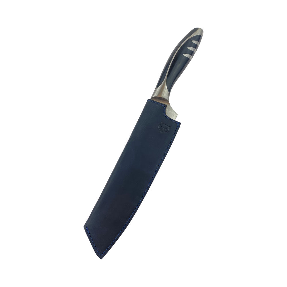 Hide & Drink's visually appealing blue Chef Knife Sheath for 180mm blades; an artisan-crafted product showcasing the best of Thick Full Grain Leather quality.