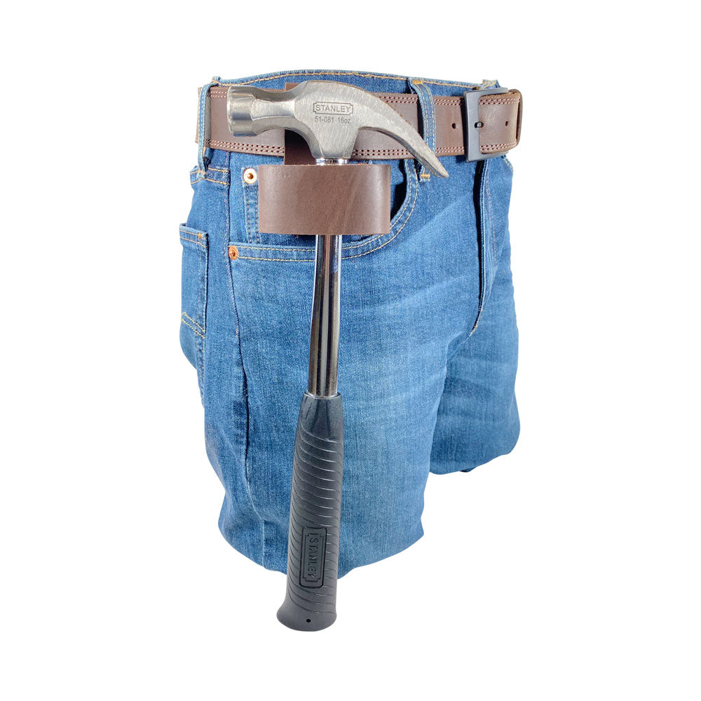 Reverse view of the Large Hammer Holster by Hide & Drink, emphasizing the artisan craftsmanship and full grain leather material. This practical waist axe holster is great for woodworkers looking for a reliable tool organizer. Handmade in La Antigua Guatemala through small batch production.